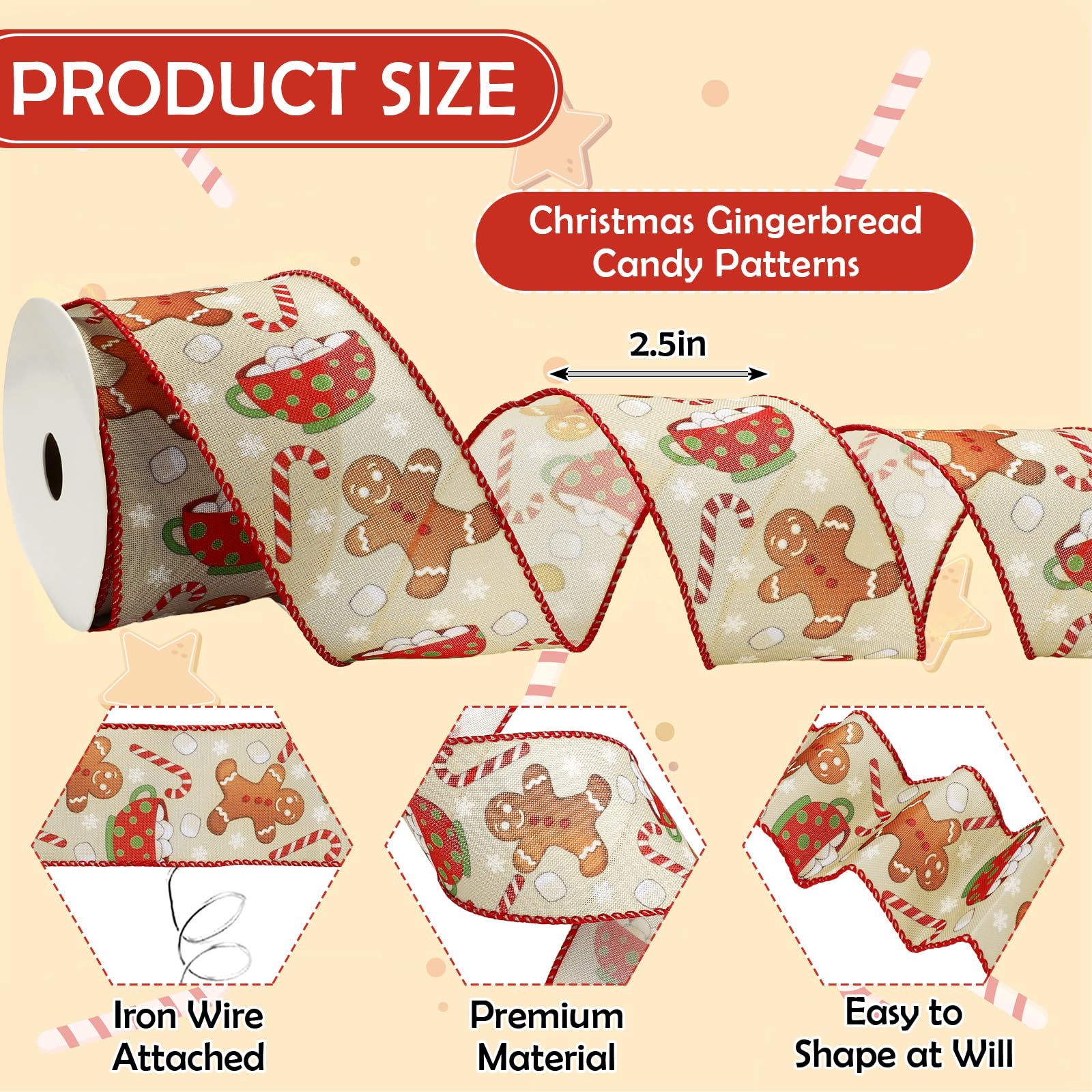 JarThenaAMCS Cinta de Navidad con borde de alambre para manualidades, cinta de tela de invierno para corona, lazo, envoltura de fiesta, 12 yardas