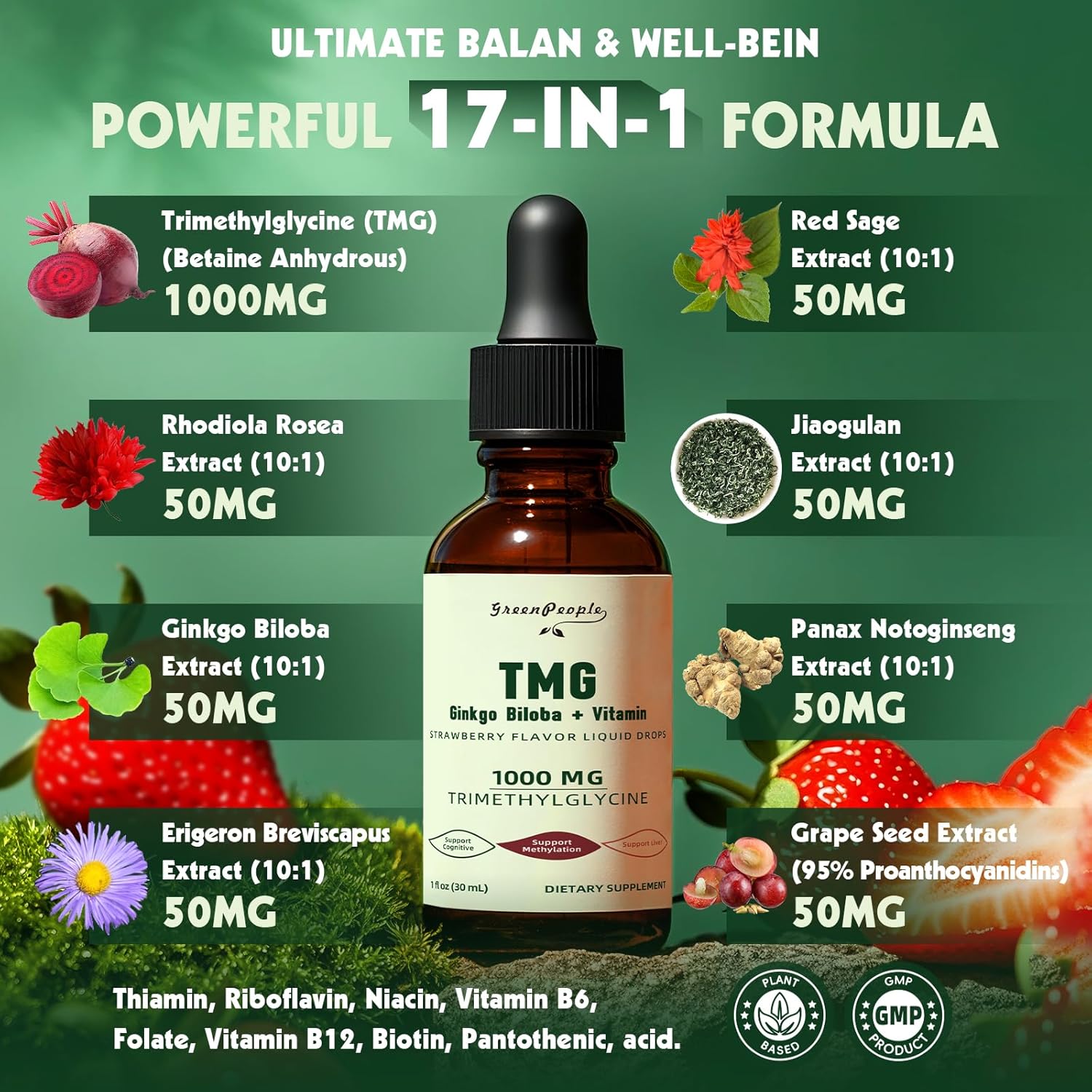 GREENPEOPLE TMG Supplements 1000MG Liquid - 16-in-1 Trimethylglycine for Liver, Energy & Methylation Support - w/Ginkgo Biloba & Vitamins - Vegan High Absorption - Strawberry Flavor 1 Fl.Oz (2 Pack)