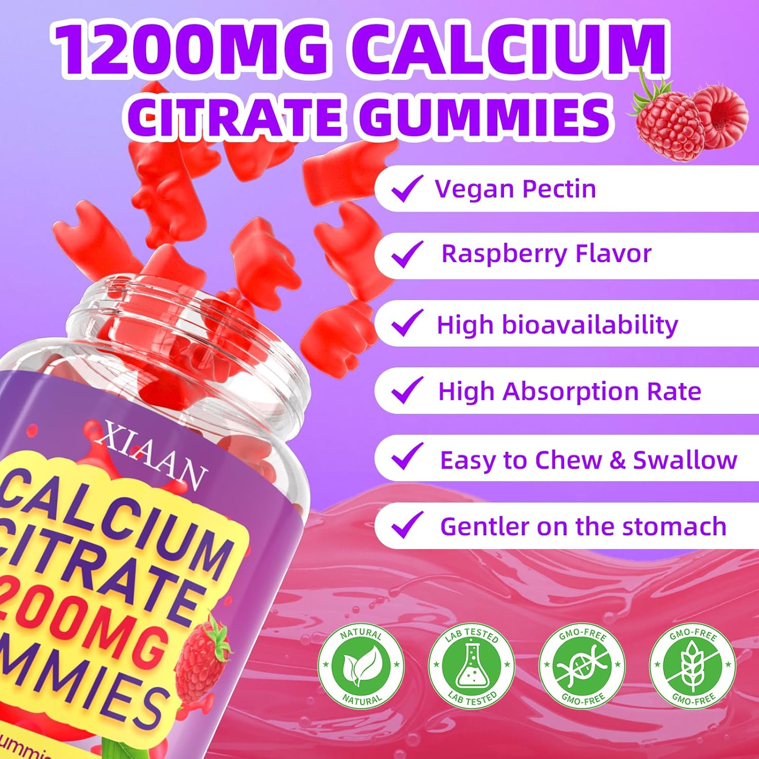 Calcium Citrate Gummies 1200mg Calcium Gummies for Women & Men, Chewable Calcium Supplements Support Immune Health & Bone Strength, Vegan/Sugar-Free/Gluten-Free, Raspberry Flavor 120 Count - Image 6