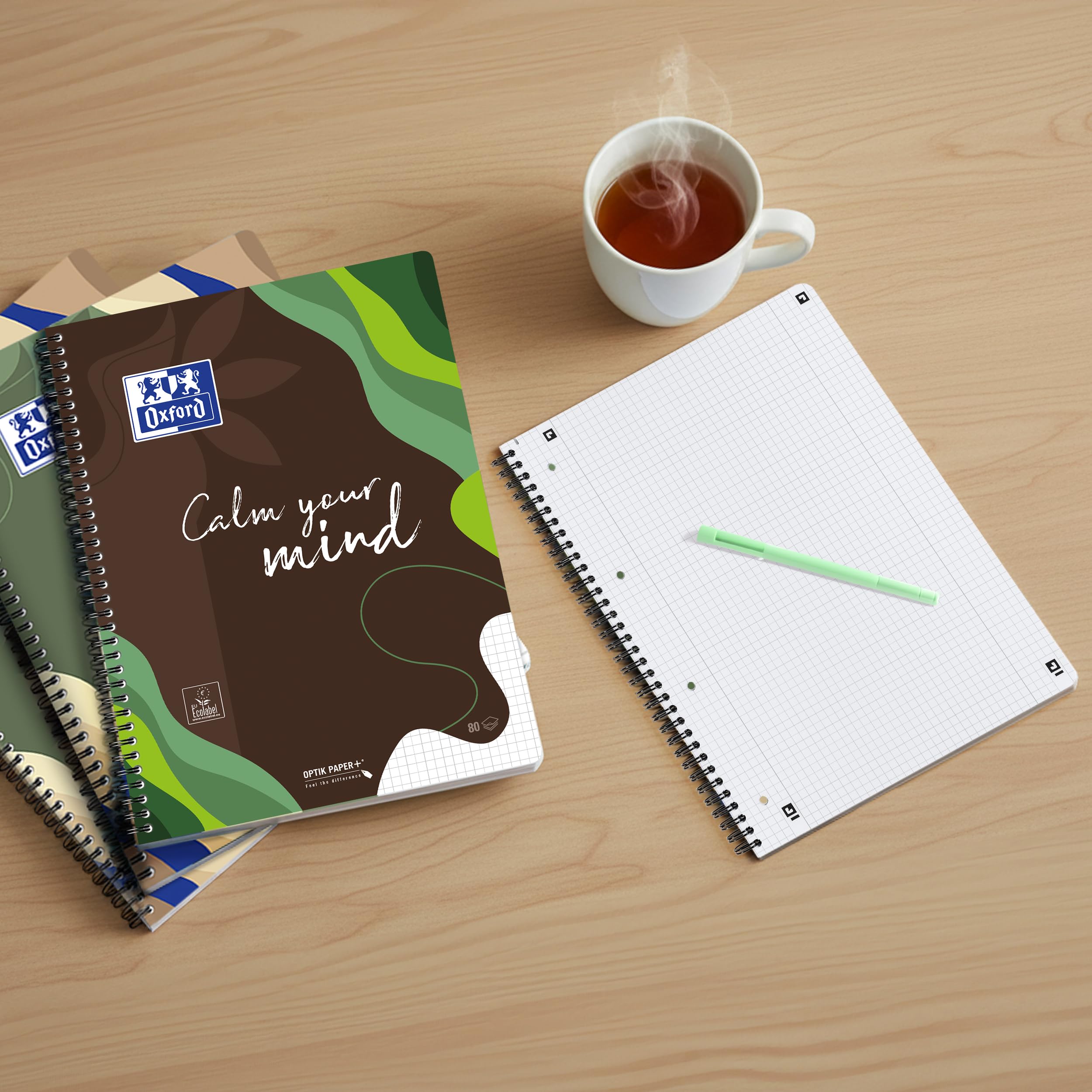 Oxford A4 Collegeblock, kariert, 160 Seiten Limited Edition "Calm Nature" 2 Motive sortiert, 4-fach gelocht & mikroperforiert, 10 Stück