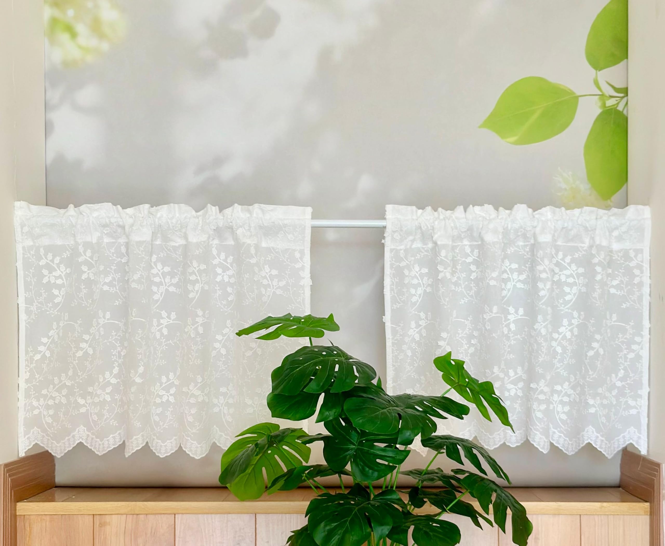 Jeeman Reiner Baumwolle Scheibengardine 3D Stickerei Bistrogardine 2er Set