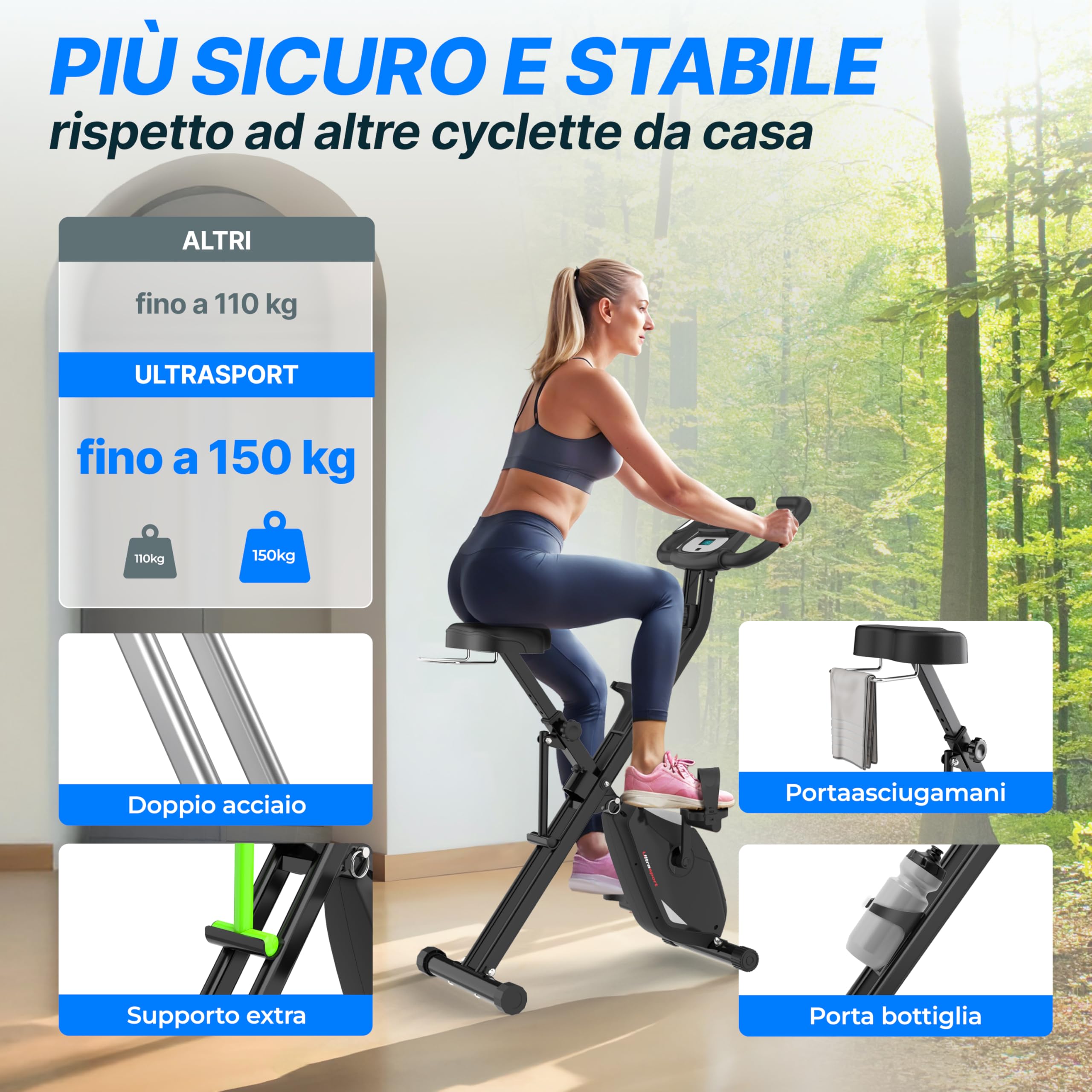 Ultrasport F-Bike Pro Cyclette da Casa Pieghevole I Cyclette Pieghevole da Casa fino a 150 KG con 16 Livelli, Sella Extra Confortevole, Funzione App, LCD Display e Sensori, Cyclette da Camera