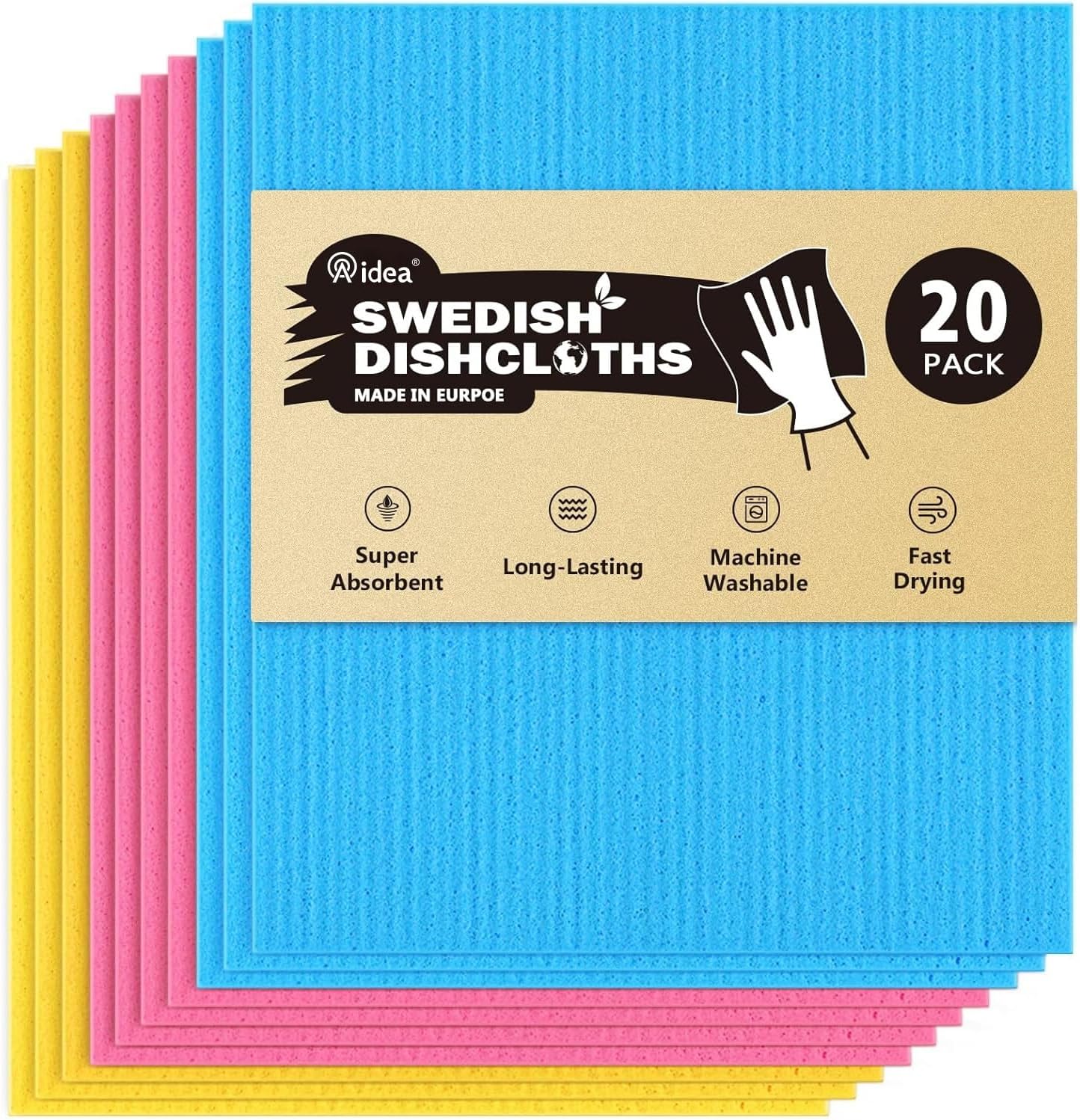 AIDEA Swedish Dishcloths for Kitchen, 20PK, Reusable Paper Towels, Kitchen Washcloths Dish Rags, Eco Friendly No Odor Reusable Cleaning Cloths, Cellulose Sponge Cloths, 7"×6"