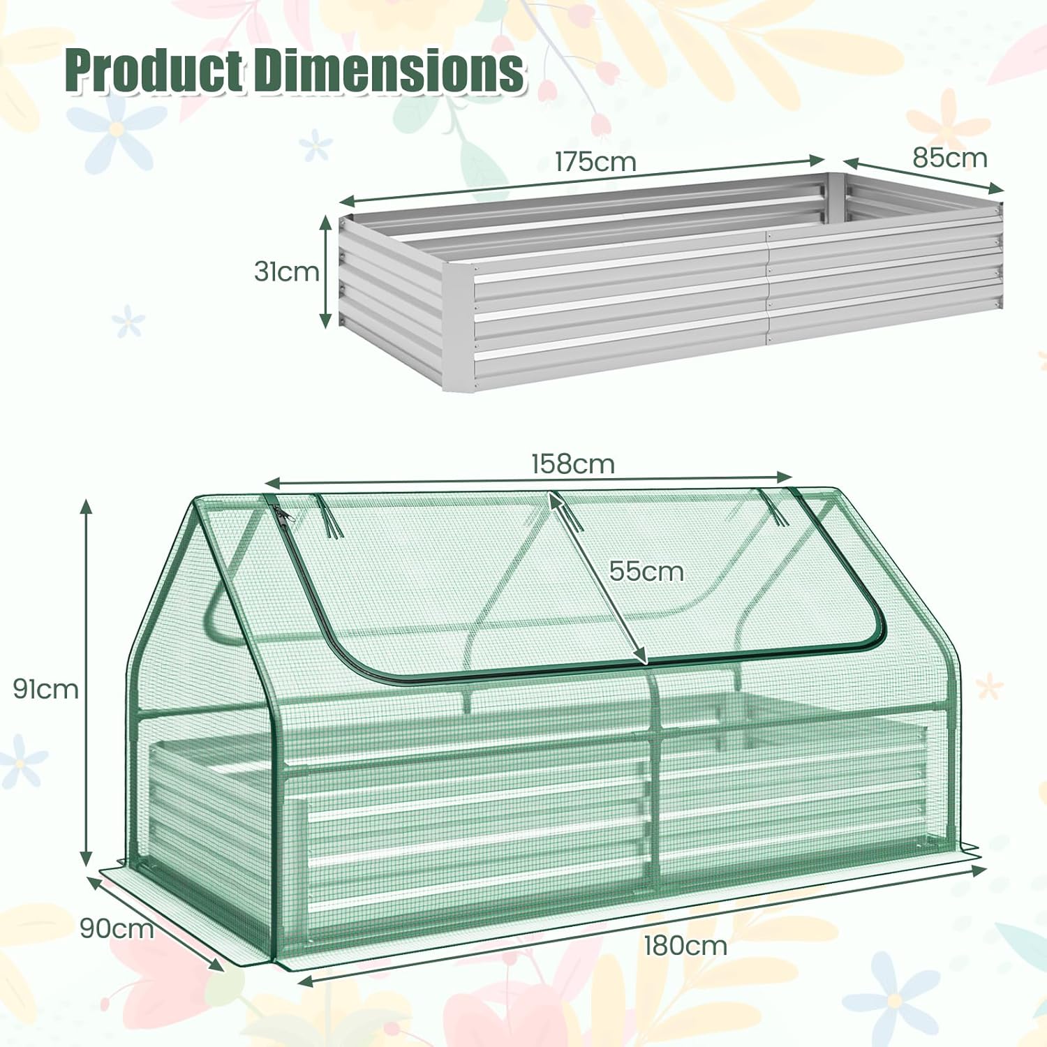 TANGZON Raised Garden Bed with Greenhouse, Galvanised Steel Planter Box Kit with PVC/PE Cover & 2 Roll-Up Windows, Outdoor Vegetable Herb Flower Container Grow Box (Green PE Cover, 180 x 90 x 91cm)