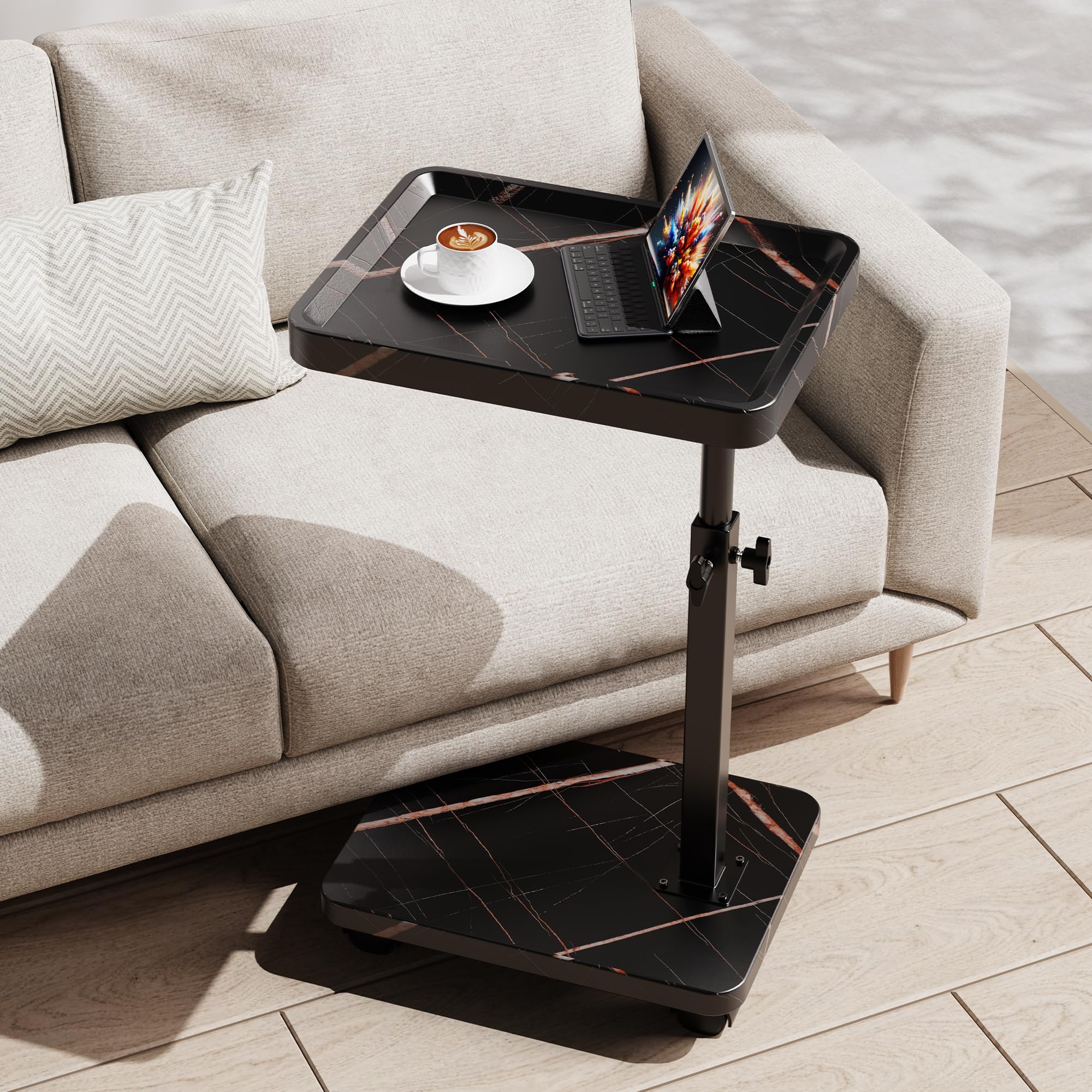 SJIE C Table End Table Adjustable Height, 360°Swivel TV Tray Table for Small Spaces, Side Tables with Wheels for Living Room and Bedroom, Bed (Black-