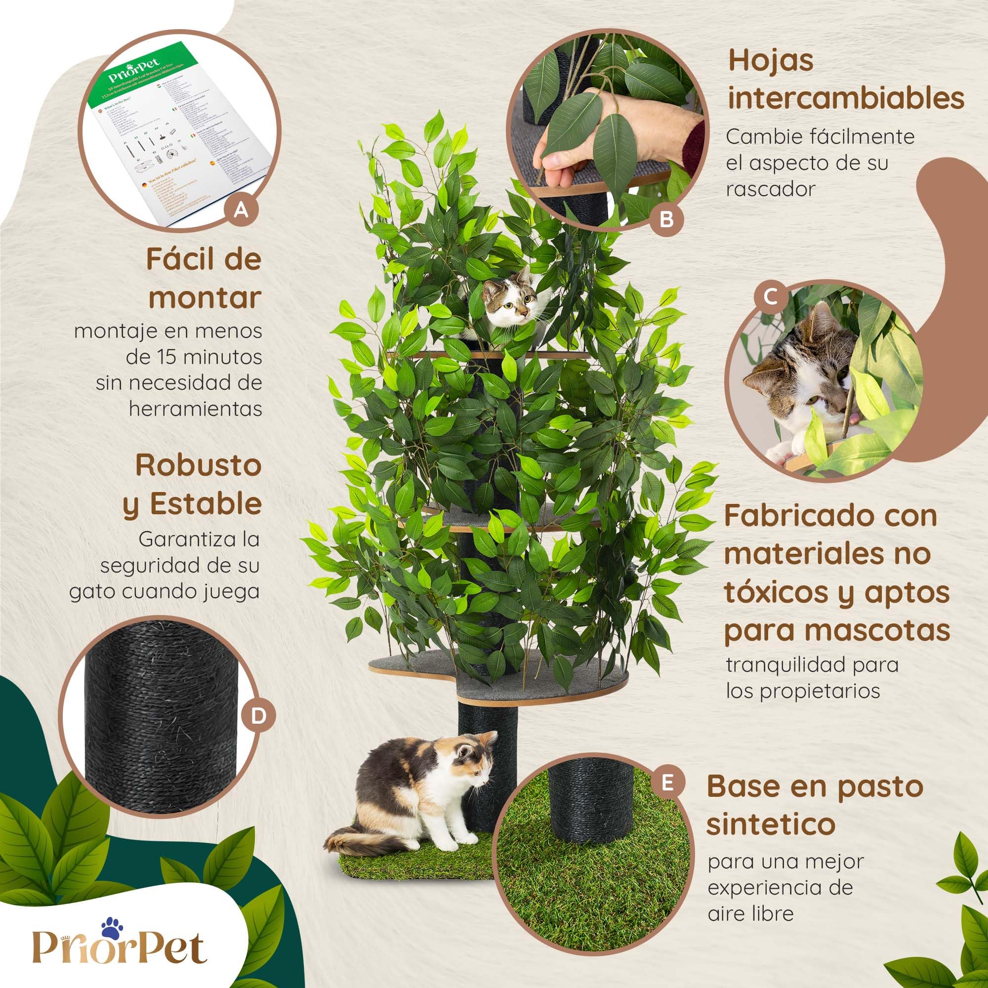 Árbol para Gatos para trepar, esconderse y Dormir - Rascador Patentado para Gatos con Hojas Intercambiables - Múltiples Niveles, fácil Montaje - Materiales Aptos para Mascotas, diseño Duradero