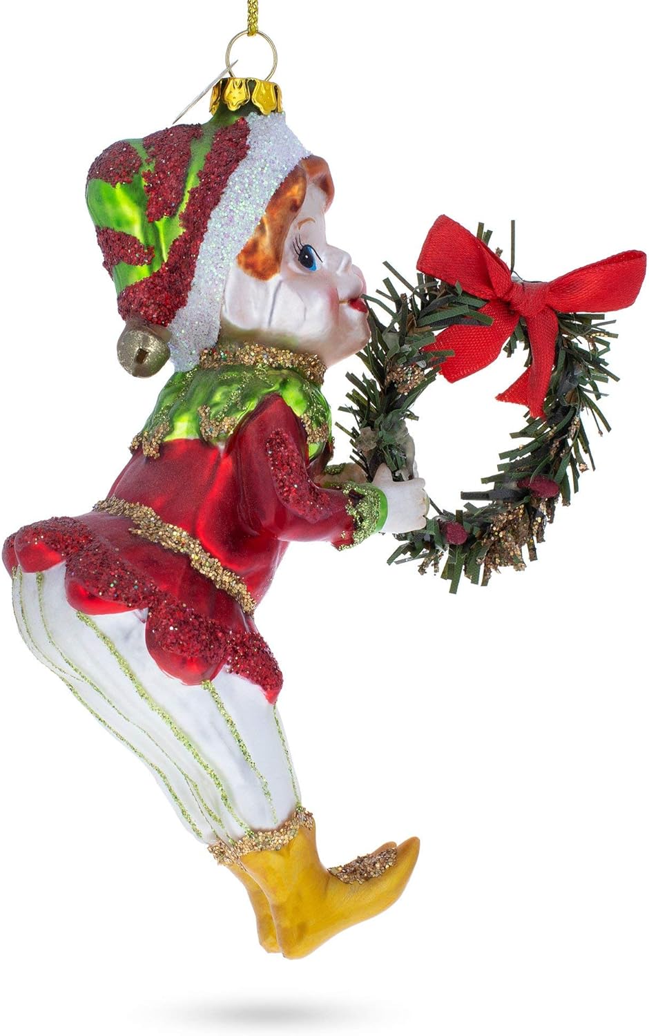 Merry Elf with Wreath Blown Glass Christmas Ornament - Image 8