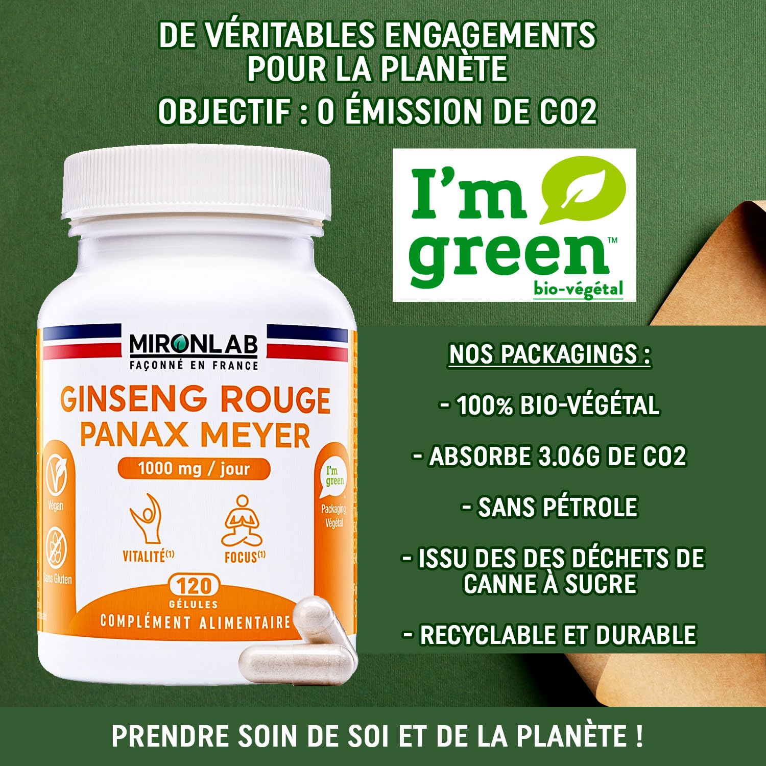 Ginseng Rouge de Corée - Racine - Haut Dosage 1000mg - Ginsénosides 12.5mg - 120 Gélules / 2 Mois - Extrait Naturel Panax Meyer - Anti Stress & Booster d’Energie - Laboratoire Français MIRONLAB