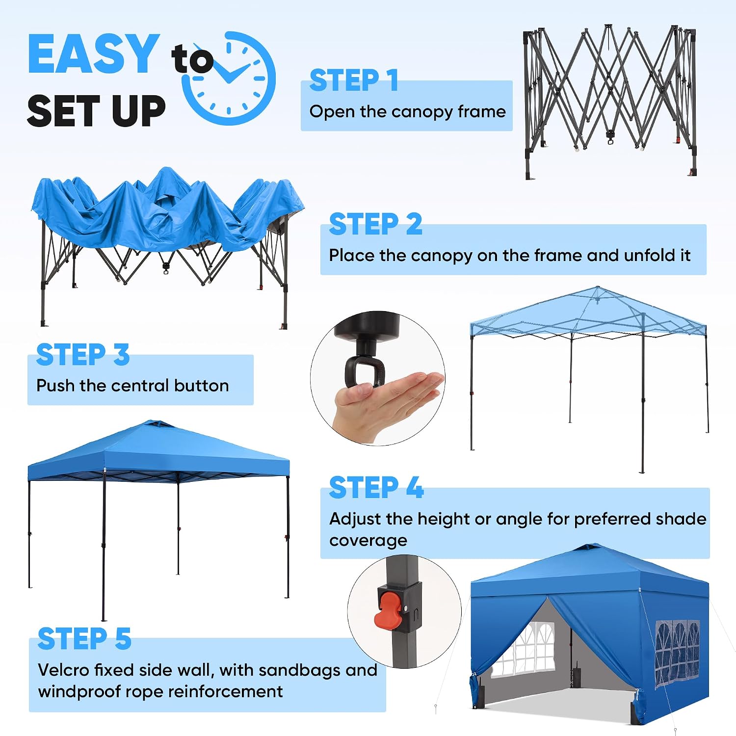 10x10 Pop Up Canopy Tent with One Push Setup, Portable Sun Shade Tent, Instant Easy Up Canopy with 4-Sidewalls & Wheeled Bag, Outdoor Fldable Gazebo with Vent Top, Blue.