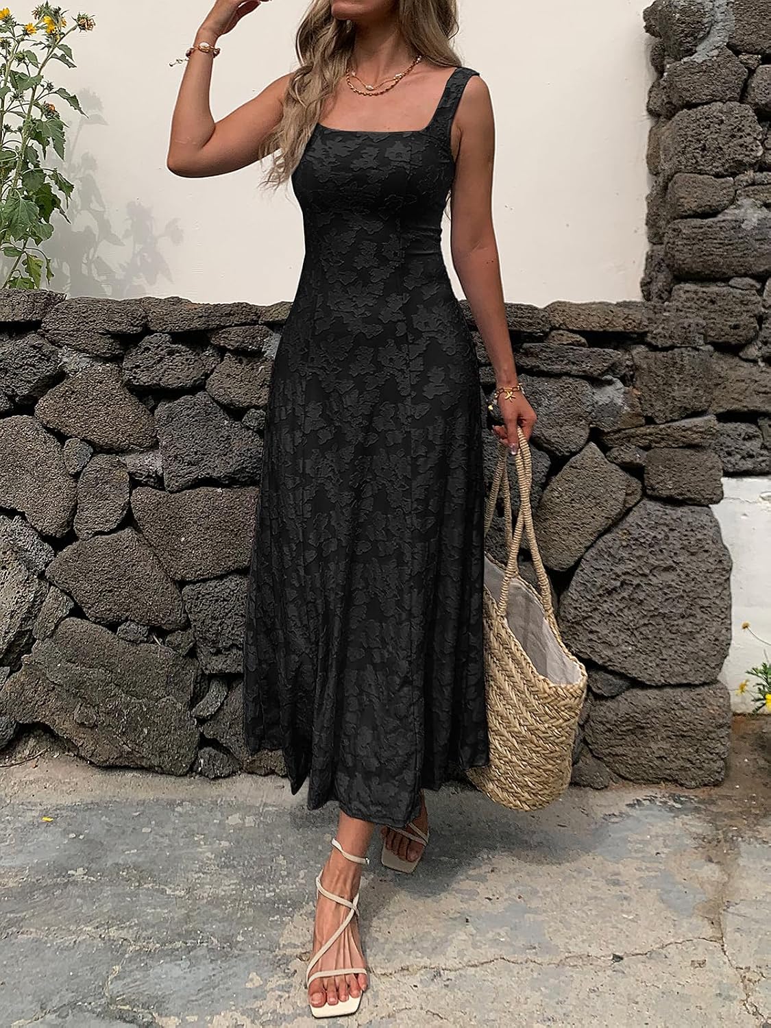 Mieazom Women’s Floral Maxi Dress Square Neck Sleeveless A Line Summer Dress Elegant Fitted Bodice Flowy Long Sundress