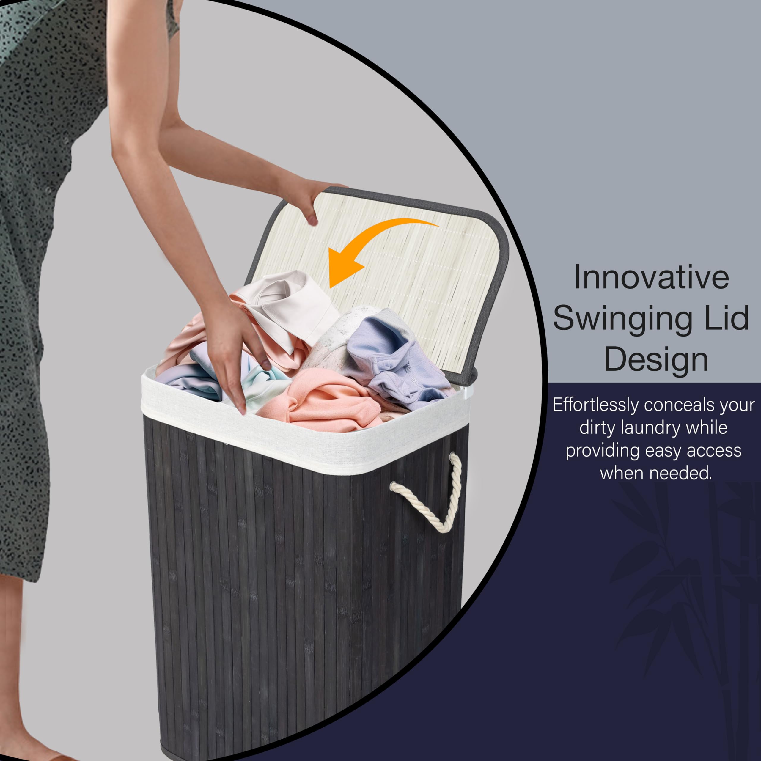 Bamboo Laundry Basket, 72L Laundry Hamper with Removeable Washable Lining, Easy Assemble Easy Folding Storage Bin 40x30x60 cm (Grey) - Image 4
