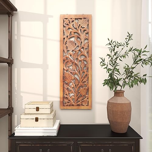 Miniatura 7 de Deco 79 Decoración de pared de acanto tallada intrincadamente con flores de madera, 12 x 1 x 36 pulgadas, marrón