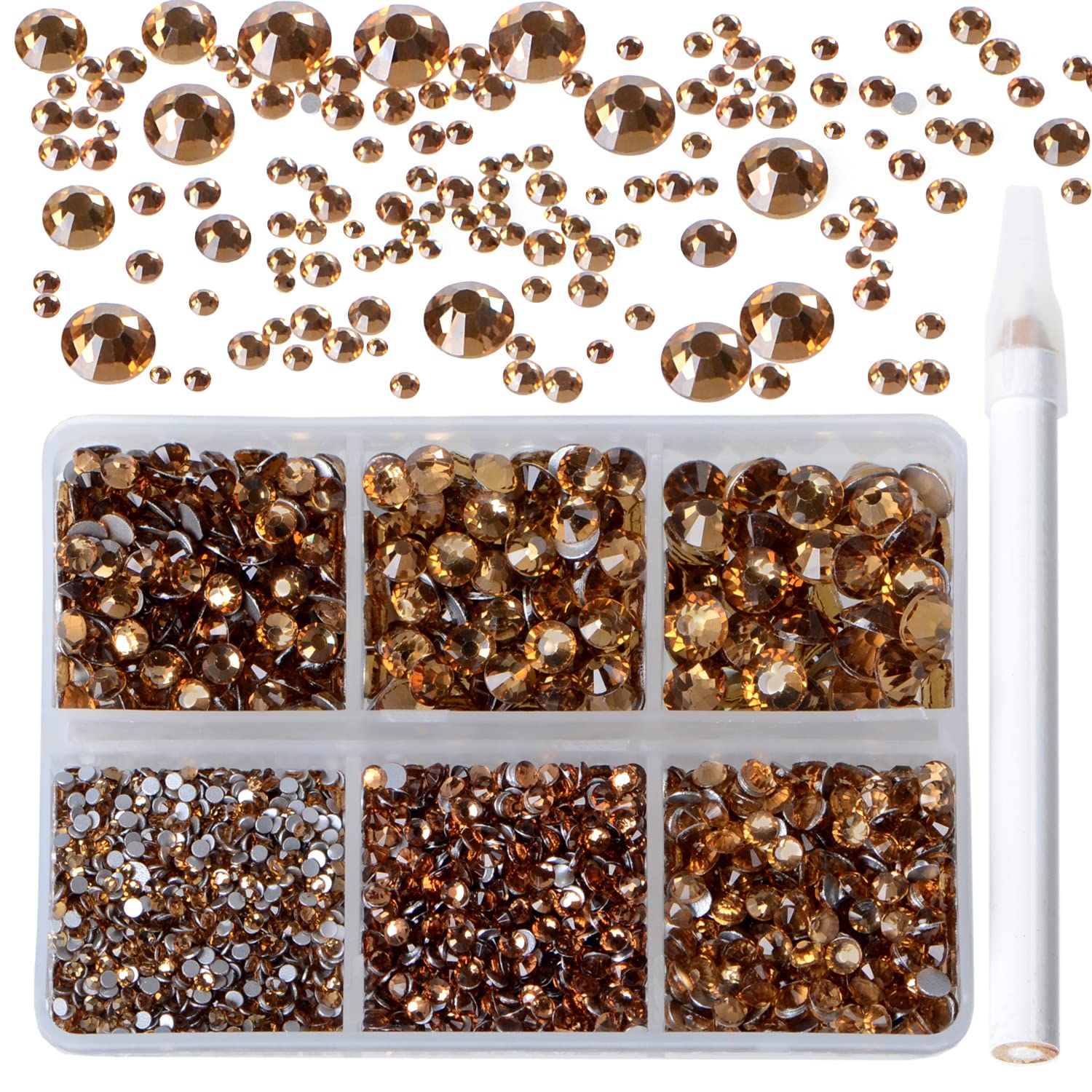 Bymitel 5000 Pieces 6 Mixed Sizes Glue Fix on Glass Rhinestones Round Crystal Gems Flatback for DIY Jewelry Making with one Picking Pen(6-Sizes 5000PCS, Lt. Topaz)