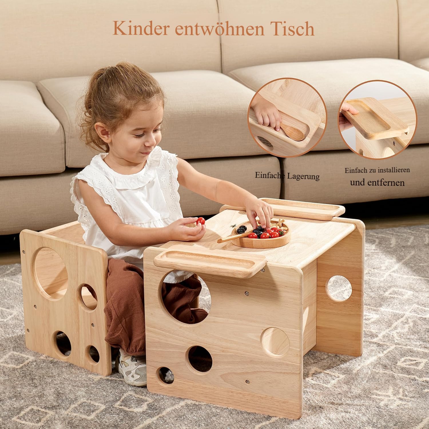 Montessori Beikosttisch kindertisch mit stühlen für Kleinkinder 1-3 Jahre, höhenverstellbar, Kinder-Tisch und Stuhl zum Lesen/Essen/Spielen, einfach aufzubauen
