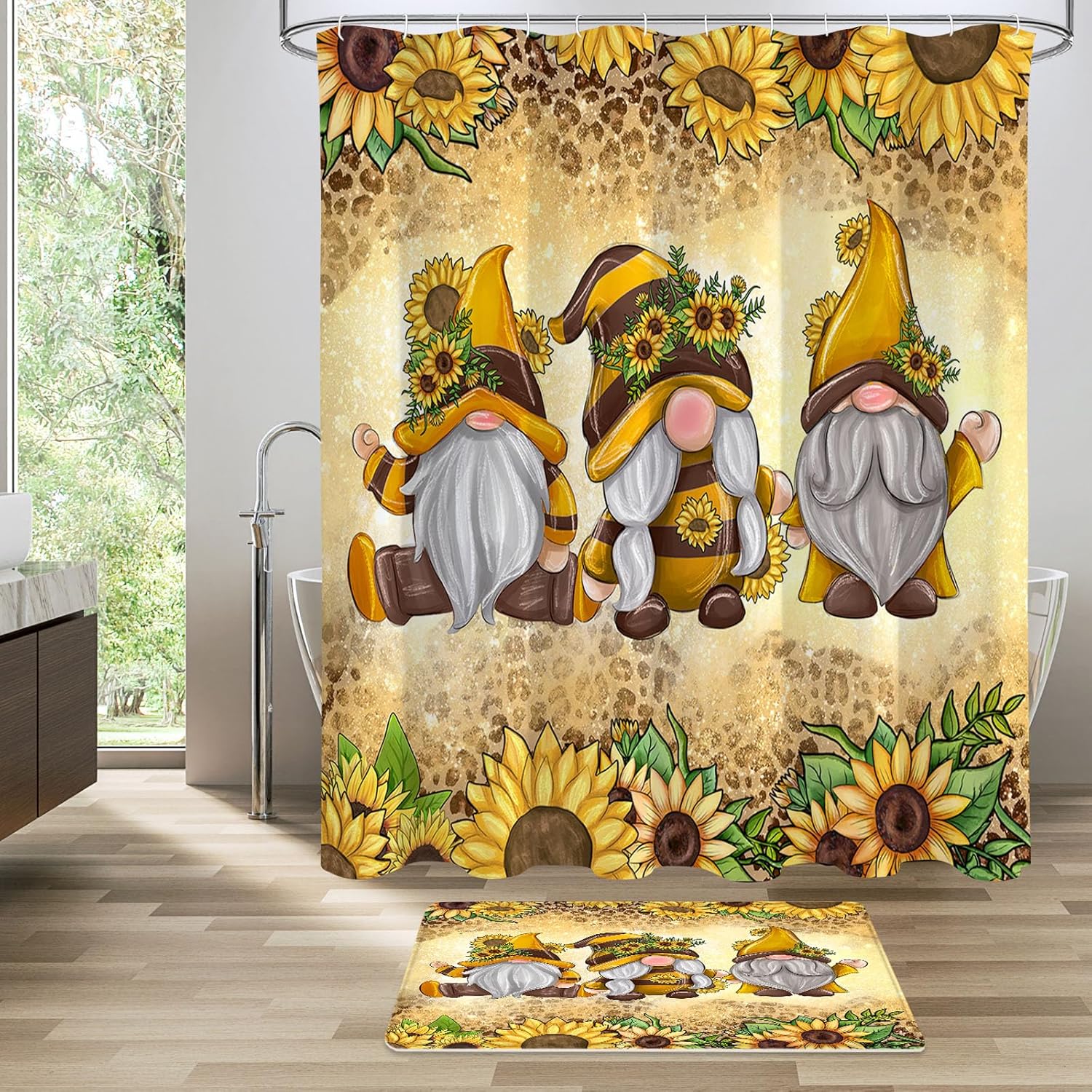 Litabel 4 Pcs Sunflower Gnomes Shower Curtain Set with Non-Slip Rugs, Toilet Lid Cover and Bath Mat, Farmhouse Country Bathroom Decor Set with Shower Curtain and Rugs(Hooks Not Included)