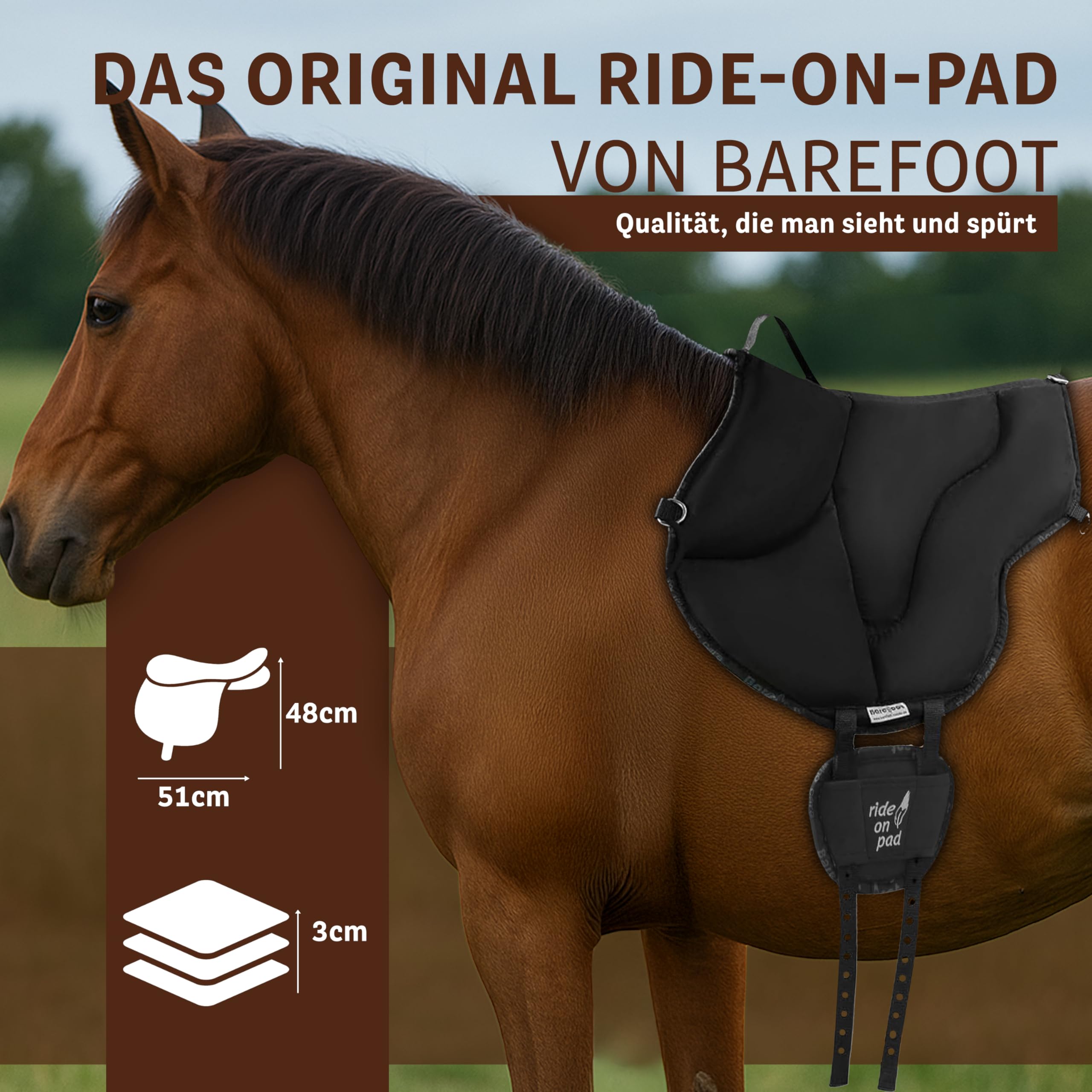 Barefoot Ride-On-Pad braun – Pferdefreundliches Reitkissen mit V-Gurtung – rutschfeste Mikrofaser-Oberfläche & Schafwoll-Patches – Größen für Erwachsene