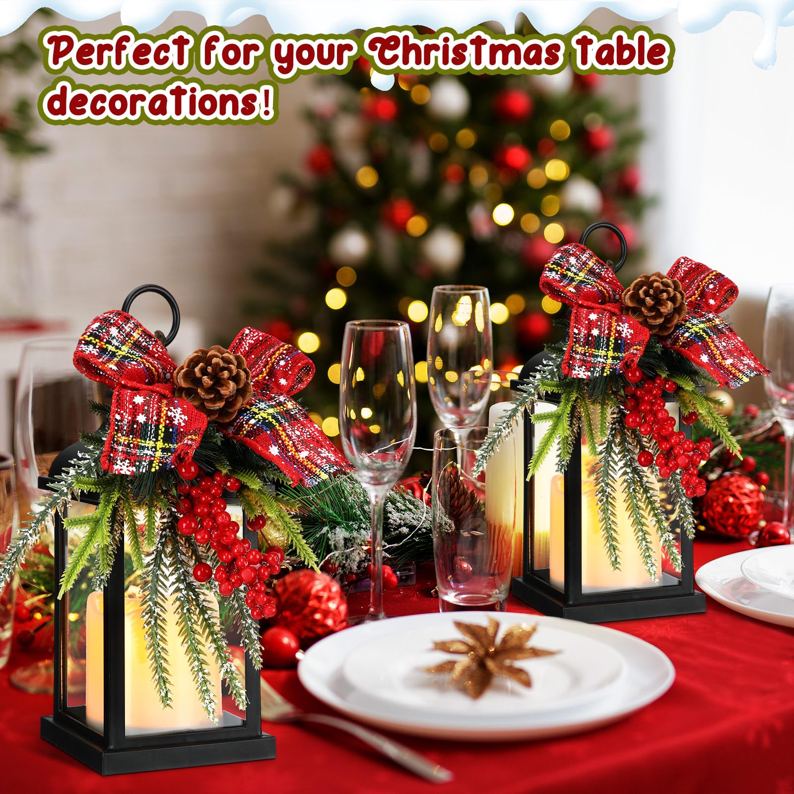 2 lanterne decorative natalizie da 25,4 cm, con LED tremolante, senza fiamma, motivo scozzese, fiocco, bacche, decorazioni da appendere per veranda, tavolo, centrotavola, decorazioni per feste