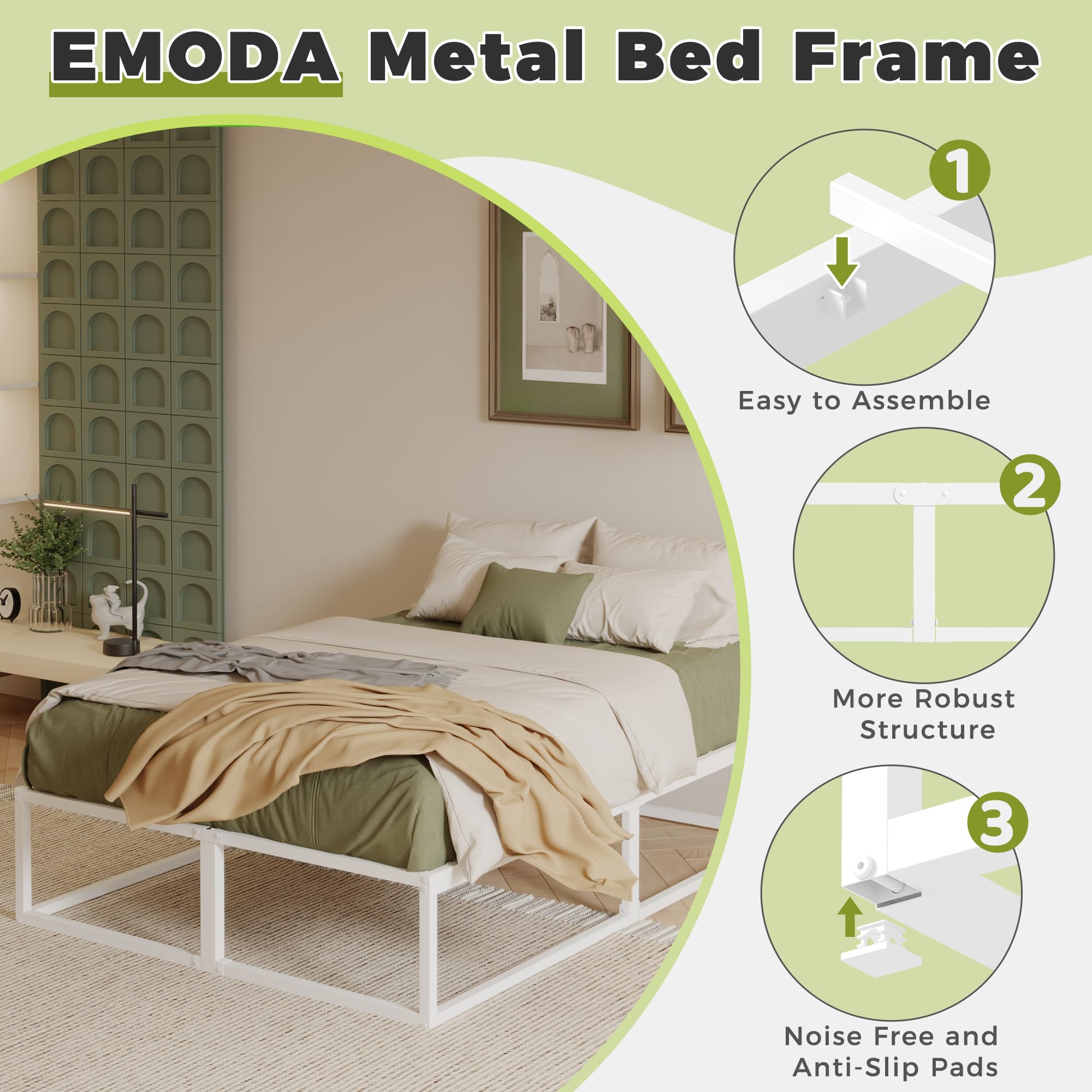 EMODA Struttura Letto 120 x 200 alta 36 cm con supporto a doghe in acciaio, Letto in Metallo Resistente Piattaforma Solida Ampio Spazio di Archiviazione, Silenziosa, Facile Montaggio, Bianco
