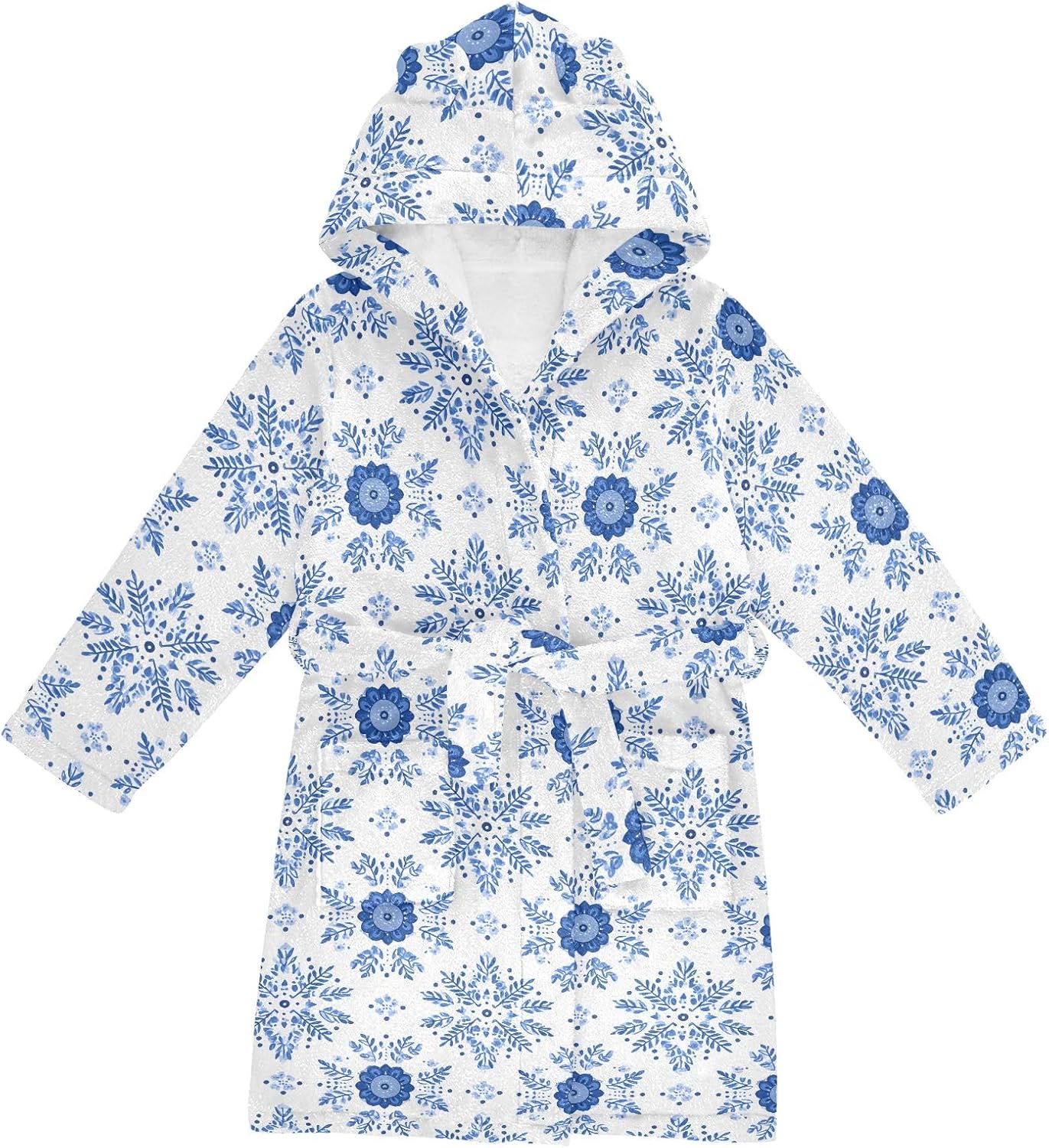 Blue Beautiful Snowflakes Pattern Toddler Hooded Bathrobe for Boys Girls Soft Plush Bath Towel Robe 2-12 Years