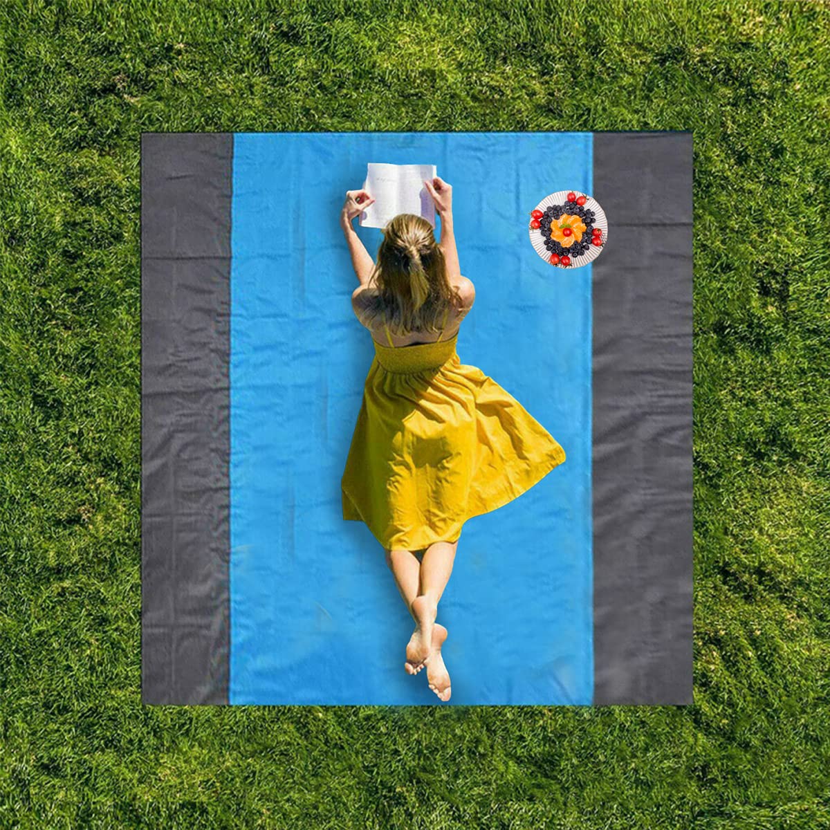 S-SNAIL-OO Beach Mat Picnic Blanket，79“ x 82" Waterproof Sandproof Water Resistant Picnic Blanket with 4 Fixed Nails, Reinforced Edging for Beach, Camping, Hiking & Picnic (Blue)