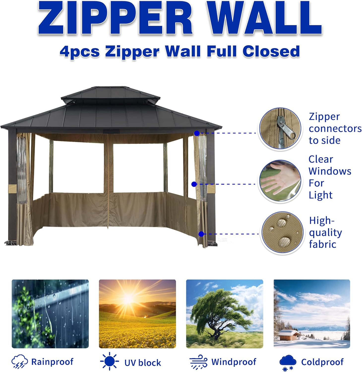 SCOCANOPY Clear Window Gazebo Privacy Curtain Set Fit for Big Lots 10X12 Ft Eagle Brooke Soft Top Gazebo Model A101007600, A101007603, A101007604,(Khaki)