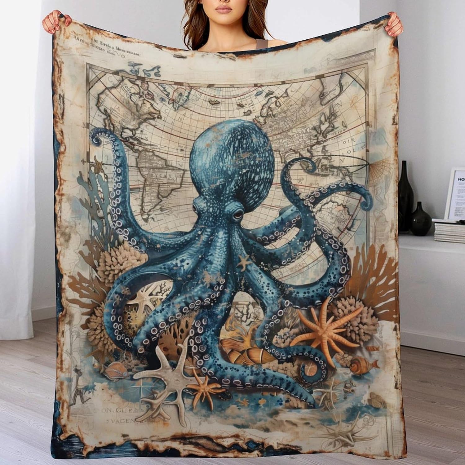 Nautical Octopus Blanket Marine Ocean Throw Blanket Lightweight Soft Warm Cozy Travel Blanket Fit Couch Sofa Bed Living Room Bedroom Gift for Women Men Girls Boys All Season 50"x60"