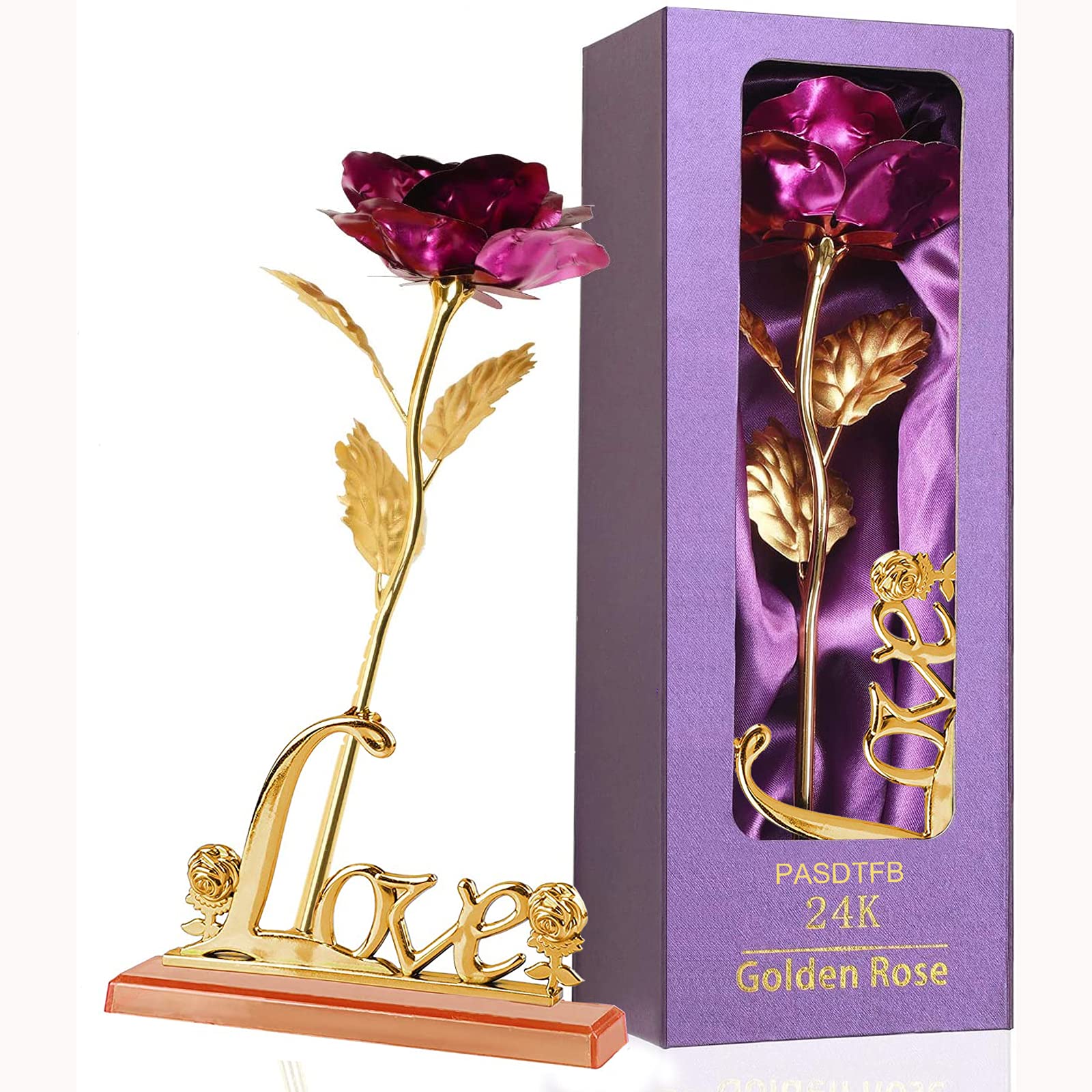 Rosa Eterna 24K Oro Regalo: Fiore Vero Placcato Oro Per San Valentino E Festa Mamma, Colore Viola