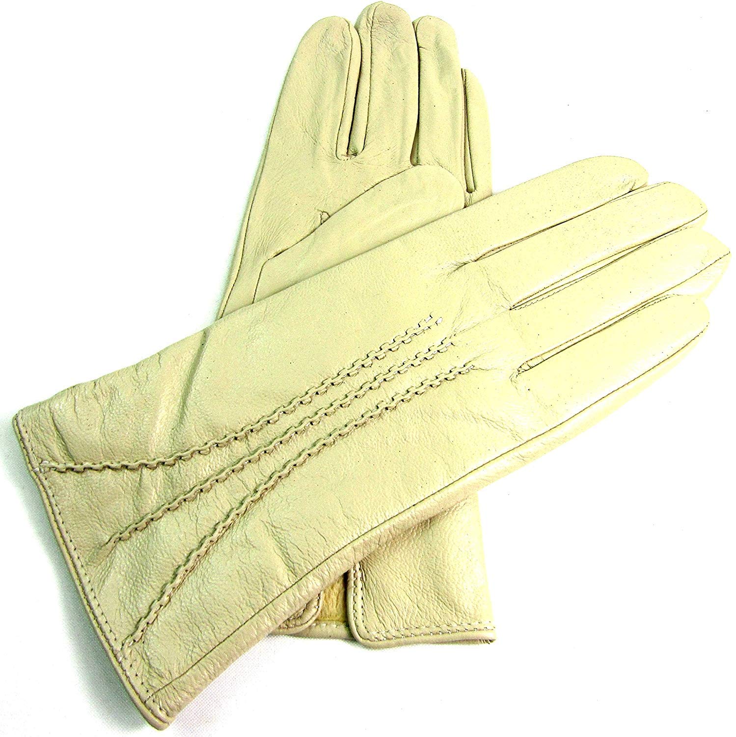 LE Ladies Real Leather Stripe Detail Gloves (Large, Cream)
