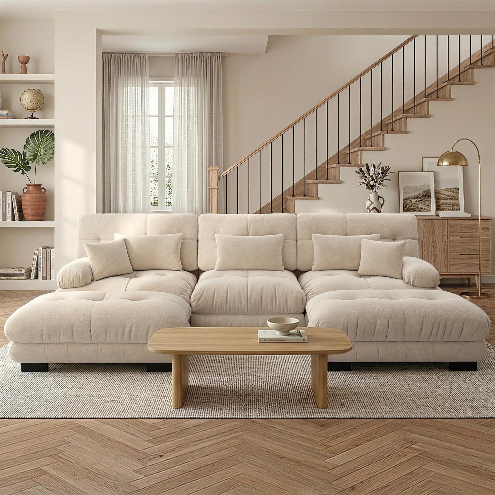 Sofá Modular 3 Plazas 313 cm con 2 Reposapiés, Modular en Forma de U, Tela Chenille, Estructura de Madera, Color Café Claro
