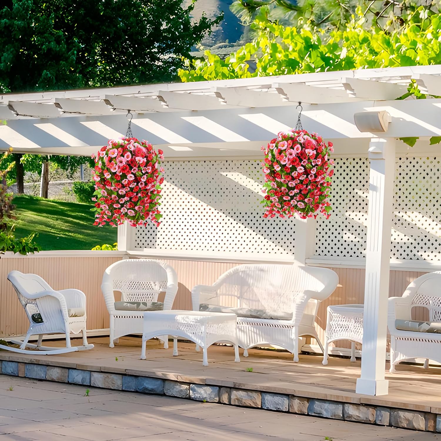 Homsunny Artificial Faux Hanging Flowers Plants Baskets for Outdoor Spring Summer Decorations,Resistant Fake Morning Glory Silk Plants for Outside UV Resistant Patio Yard Home Porch Decor(Rose red) - Image 3