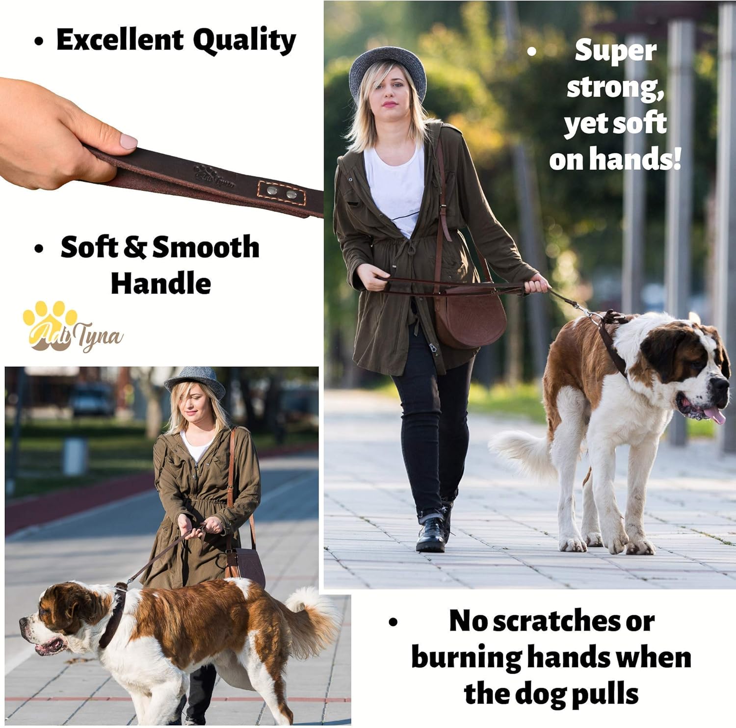 Brown Leather Dog Collar and Leash Set - Leather Dog Leash 6 Foot x 1" and Dog Collar for Extra-Large Dogs