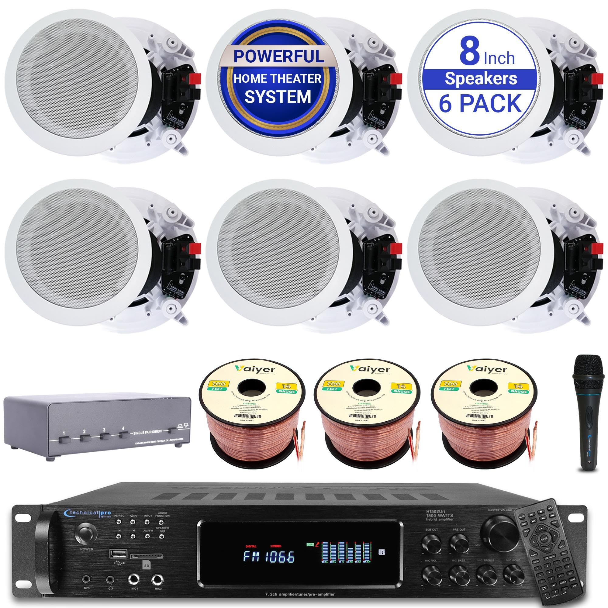 Vaiyer Sound System Kit - 7.2 Channel 1500 Watts Bluetooth Amplifier w/ 6 Qty of 8