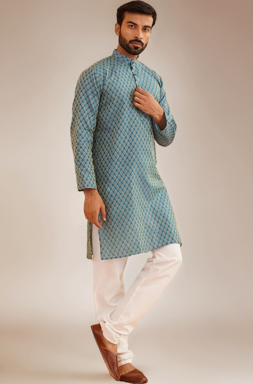 (Since 1958 Men’s Silk Blend Paisley Design Kurta & Off-White Churidar Pyjama Set