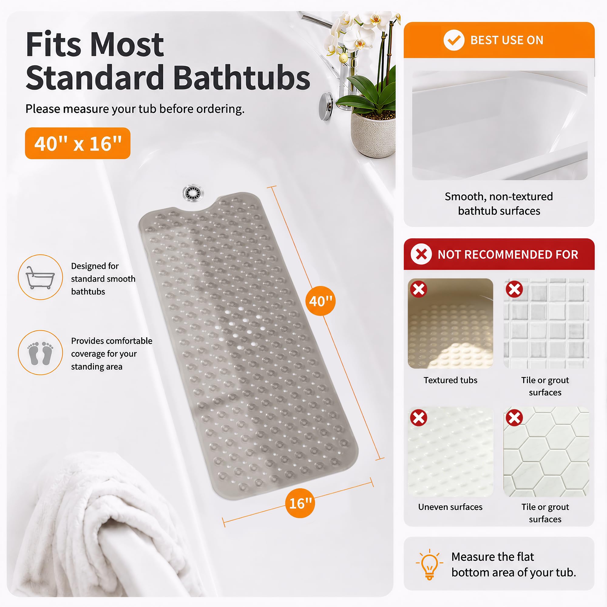 Yimobra Badewannenmatte, Extra Lang Badematte für Wanne 100 x 40 cm Anti-Rutsch mit Abflusslöchern, Saugnäpfen, Phthalatfrei, Latexfrei, BPA-frei und Maschinenwaschbar