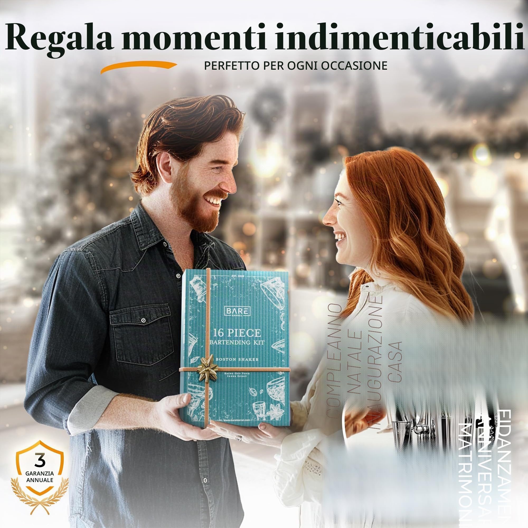BARE BARREL Kit per la preparazione di cocktail, kit da barista da 16 pezzi, shaker per cocktail, espositore in bambù e 35 biglietti di ricette, set regalo per cocktail mixology (shaker Boston da 800