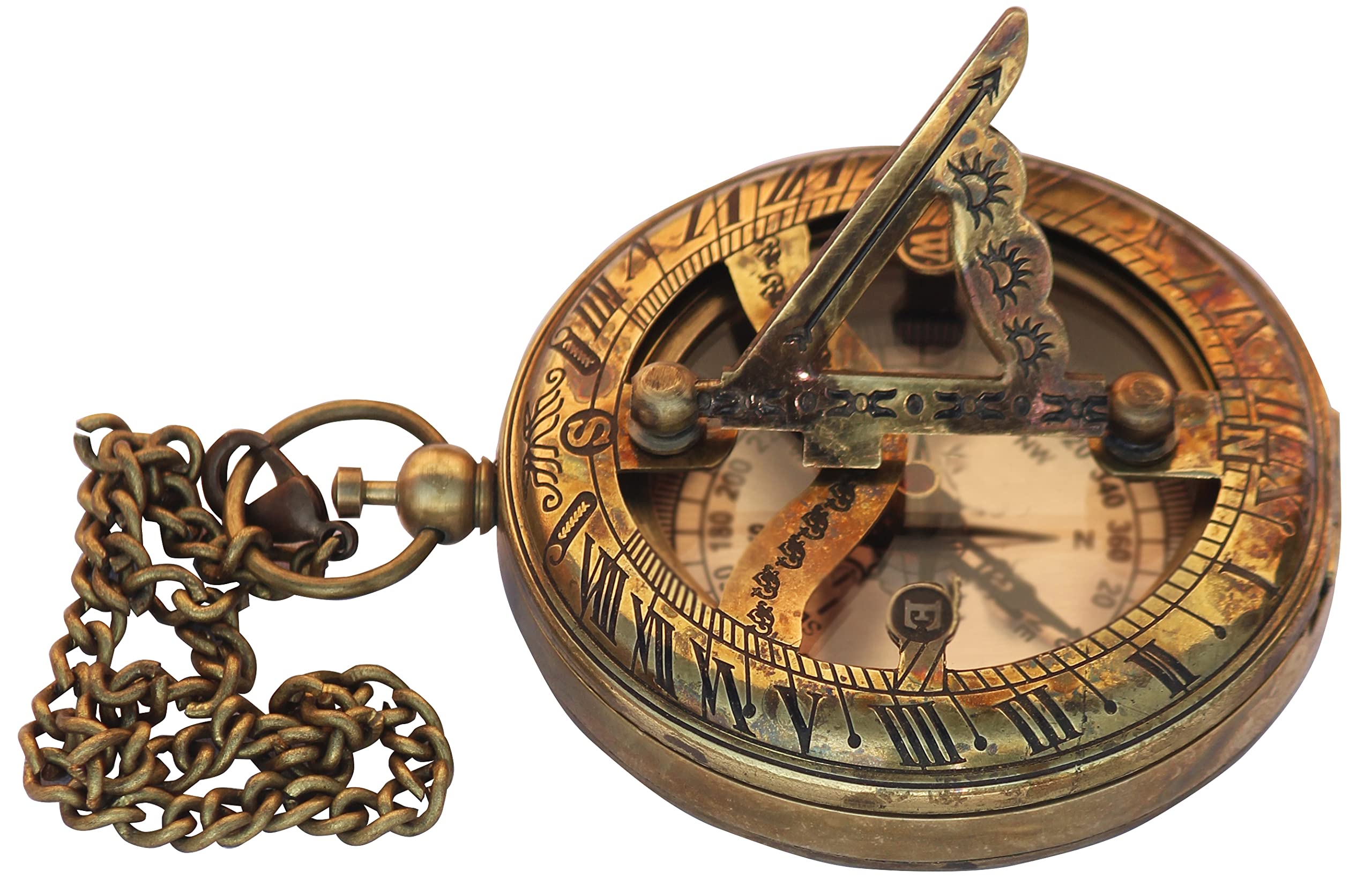 Brújula para reloj de sol de latón con carcasa de cuero y cadena, brújula abierta push-open, accesorios steampunk, estilo vintage antiguo, para camping, senderismo, bonito regalo hecho a mano, reloj