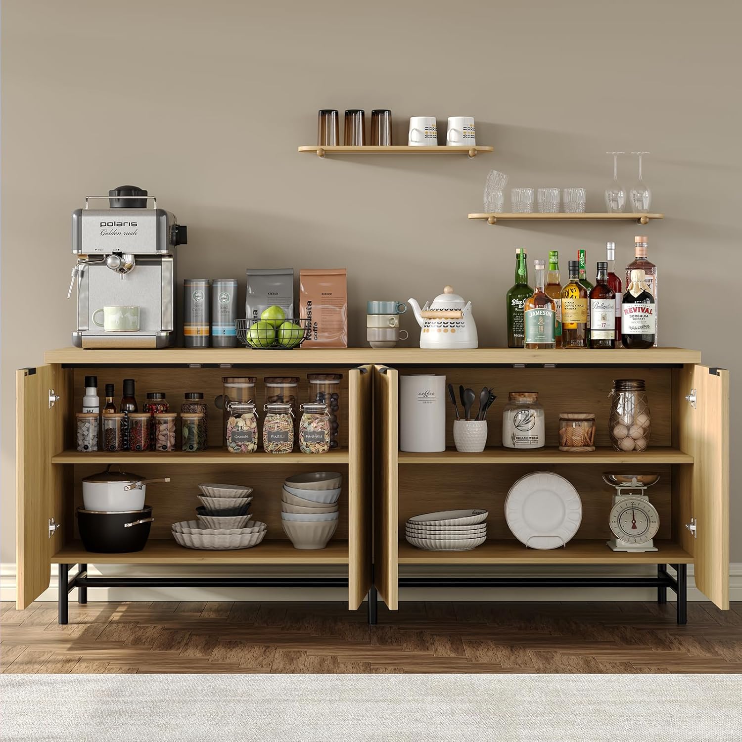 Furniouse Buffet Cabinet with Storage 66.2''W Modern Sideboard with 4 Fluted Doors & Shelves Wood Kitchen Buffet Table Fluted Cabinet for Living Room, Natural Oak