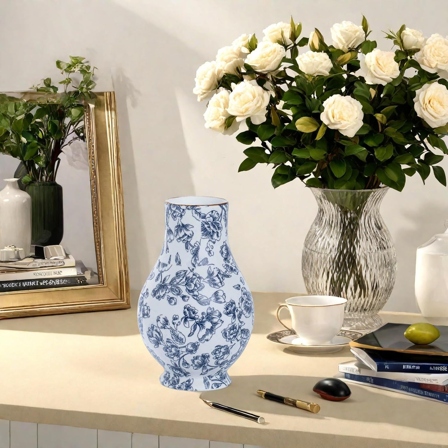 9in Blue and White Chinoiserie vase - Vintage Ceramic Flower vase with Antique Design, Perfect for centerpieces or Kitchen Accents.Chinoiserie Porcelain Decor - Image 5