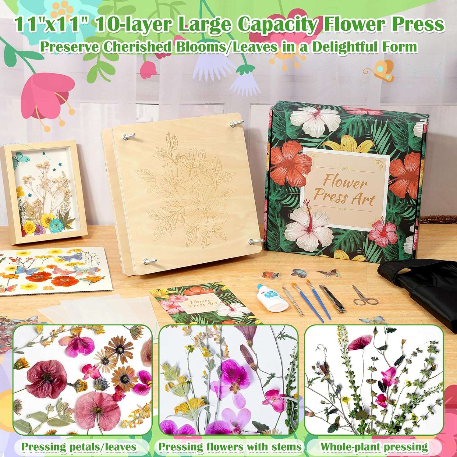 Cruzix 11x11 Large Flowers Press Kit, 10-Layer Wooden Pressing Kit for Adults DIY Flower Preservation & Dried Flowers Art Bookmark Frame Wedding Flower Drying, Gift for Craft Lovers with Storage Bag - Image 2