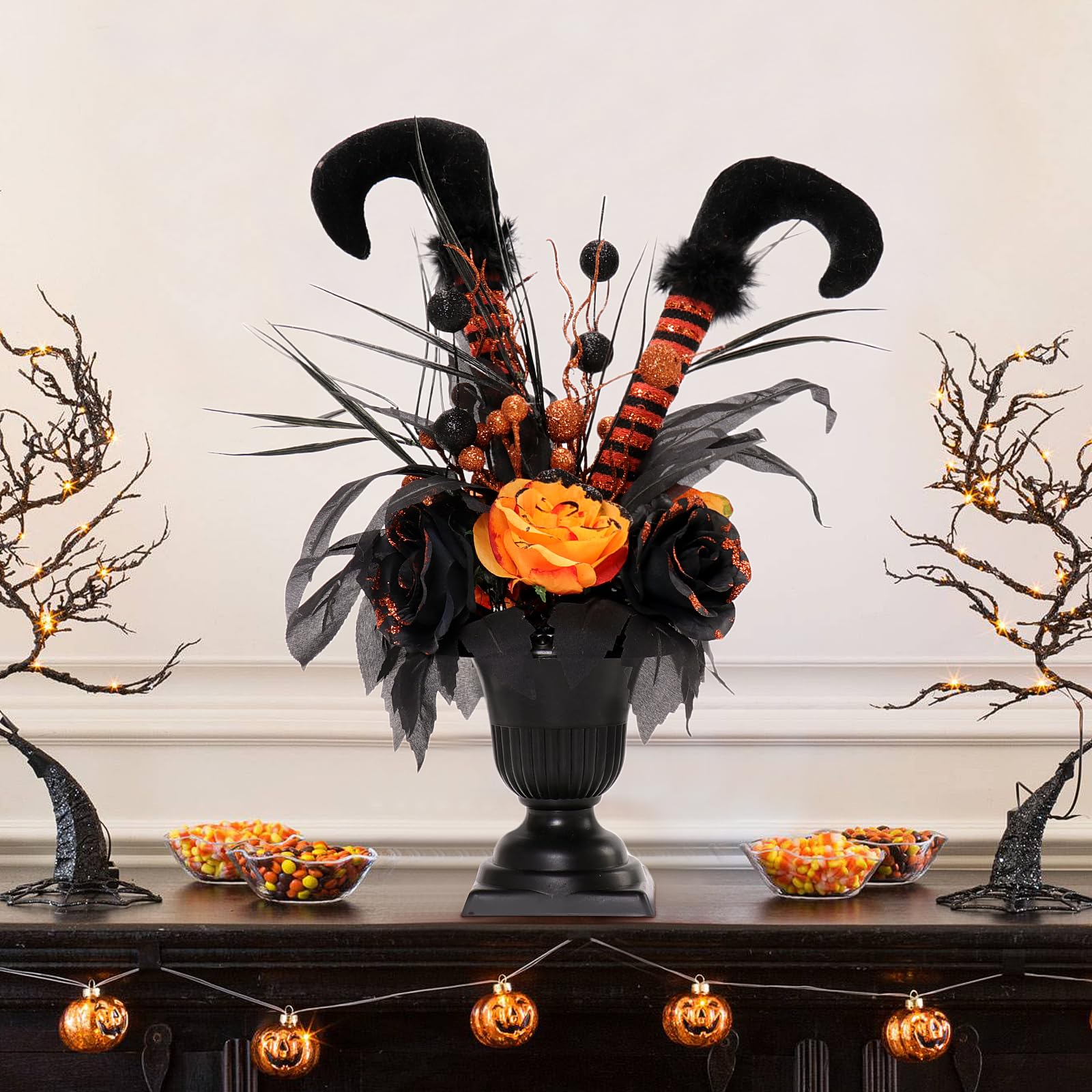 Halloween Table Artificial Flowers, Halloween Witch Boot Decor, Black and Orange