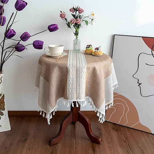 Gernaice Mantel pequeño con borlas a rayas de granja, tela de lino resistente, sin arrugas, mantel cuadrado bordado para cocina, comedor, fiesta,