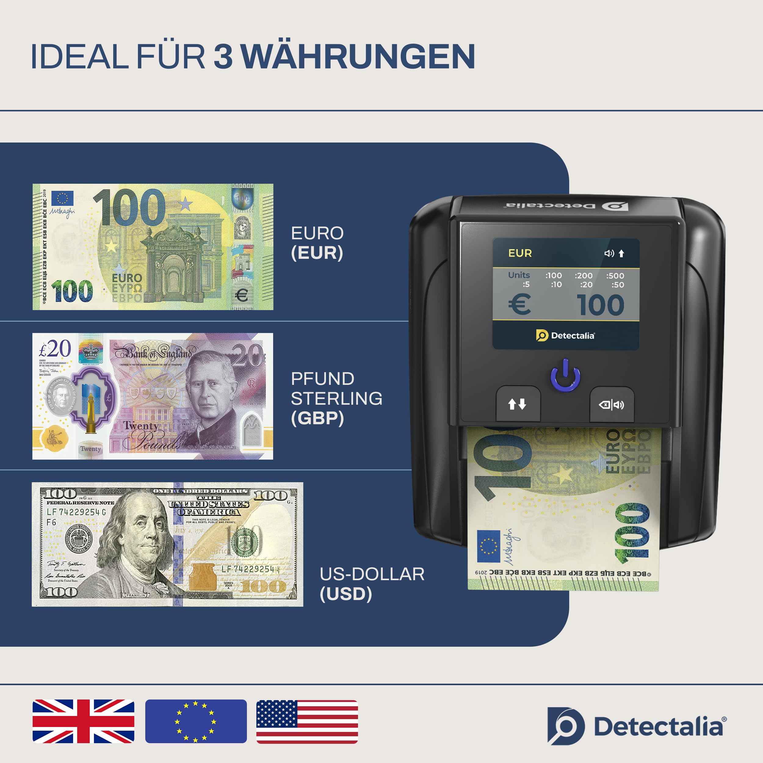 Detectalia D7T+, Falschgeldprüfer, getestet für EUR, GBP, USD, mit 5 Fälschungsprüfungen, mit Alarm, TFT-Display, EZB-Zertifiziert