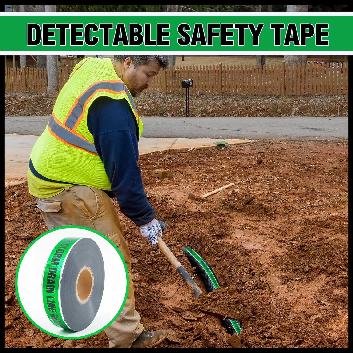 Copkim 2 Roll 2 Inch x 1000 Feet Detectable Underground Safety Tape Polyethylene Underground Buried Storm Drain Detectable Marking Safety Warning Tape for Storm Drain, Black Print (Green)