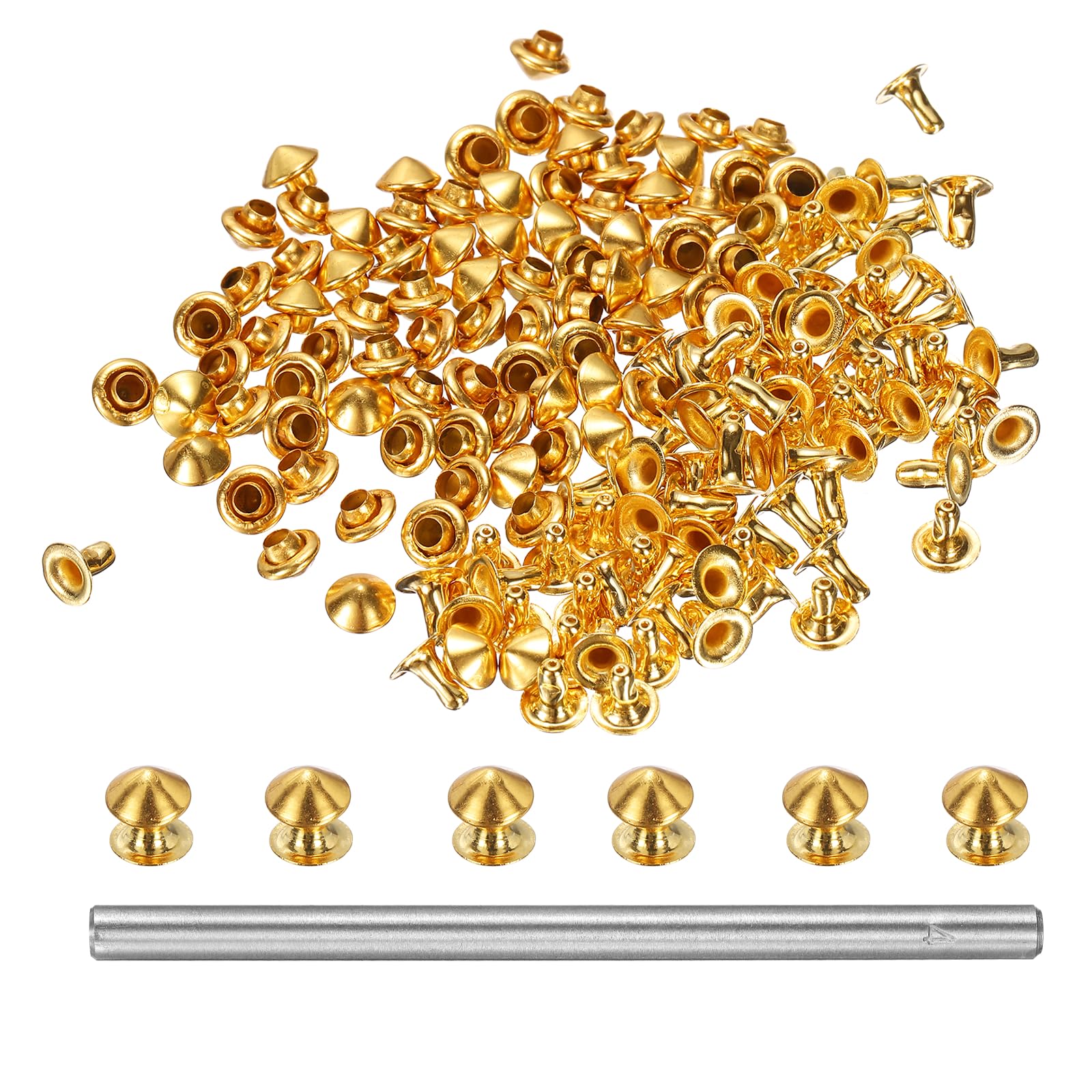 sourcing map 80pcs Round Studs Rivet 5mm Leather Rivets Rapid Punk Spikes Leathercraft Decoration with Hole Punch for Rock Nailheads Clothing Belts Bags Shoes, Gold