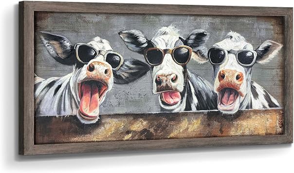 arttitue Farmhouse Cow Wood Wall Art, Framed Farm Animal Picture 24x12 Inch