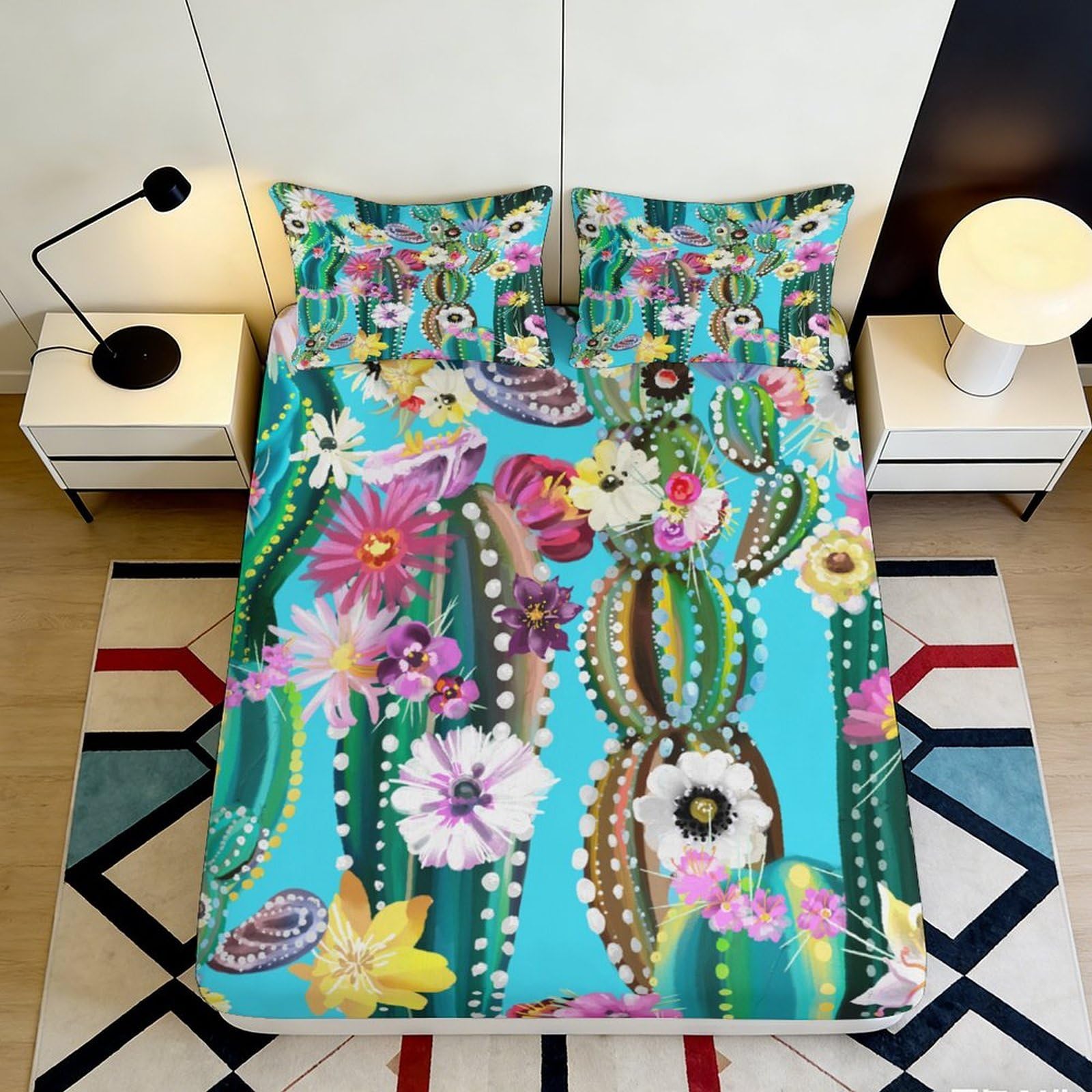 Pnayamiorkfel Style-2 3D Printed Colorful Cactus Fitted Sheet Microfiber Soft Floral Succulent Bed Cover For Bedroom Dorm Mattress Protection 90X200x25cm