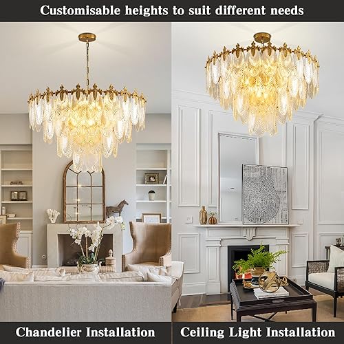 Miniatura 6 de Modern Large Crystal Chandelier, 4-Layer Gold Glass Chandelier, 12 Light Round Antique Ceiling Pendant Light, 31.5 Inchs Adjustable Height for