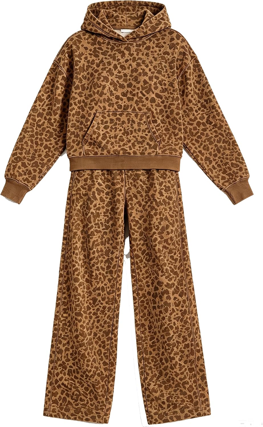 Women's Leopard Print Pullover Hoodie and Wide-Leg Pants Set