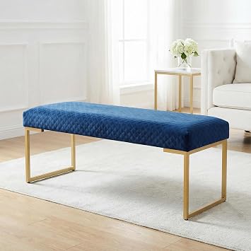 Cortesi Home Claymore Large Ottoman Bench with Painted Gold Legs, Blue Velvet, 48
