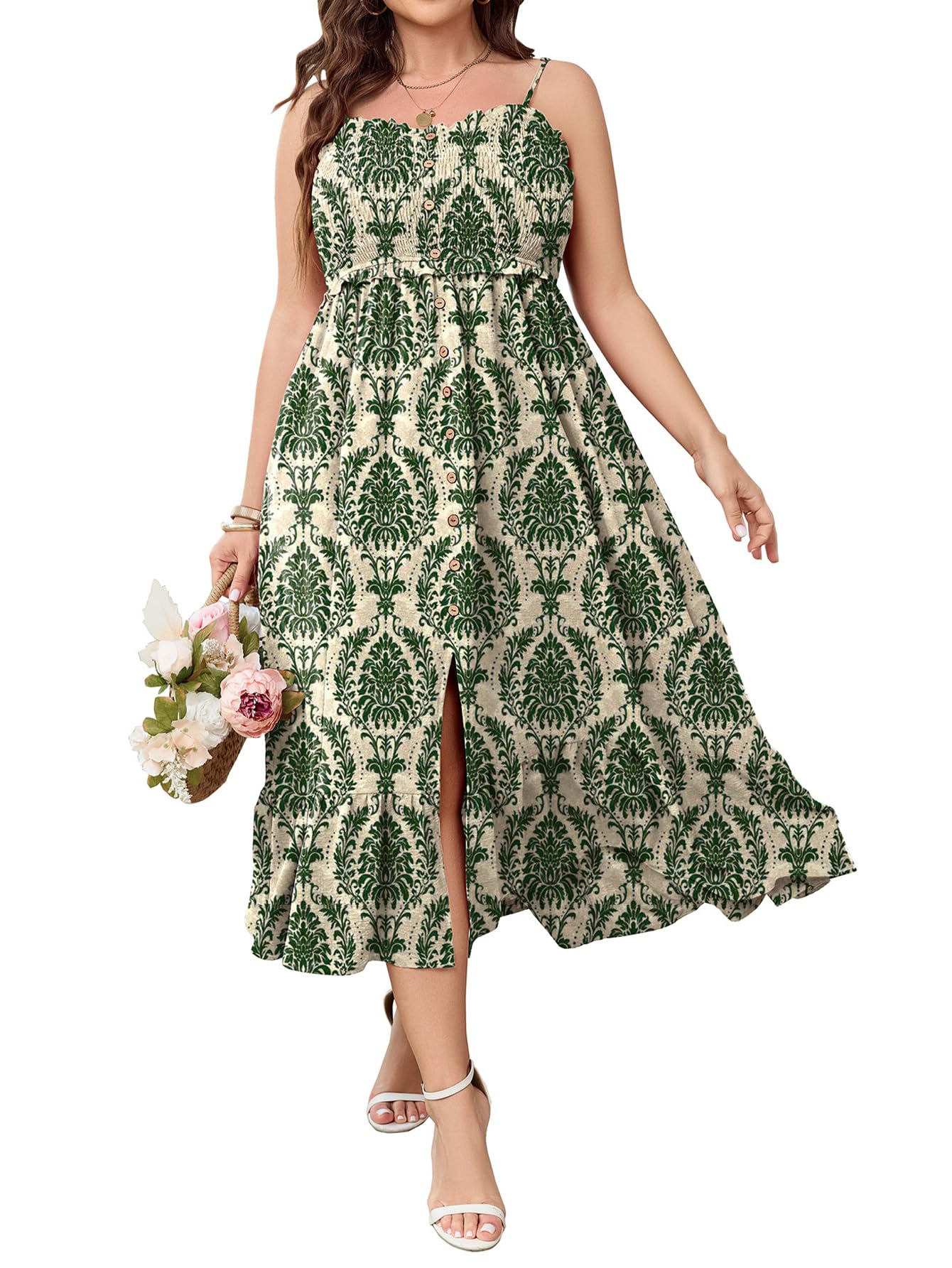 Womens Plus Size Summer Dresses Sleeveless Spaghetti Strap Button Down Smocked Beach Long Maxi Dress with Slit